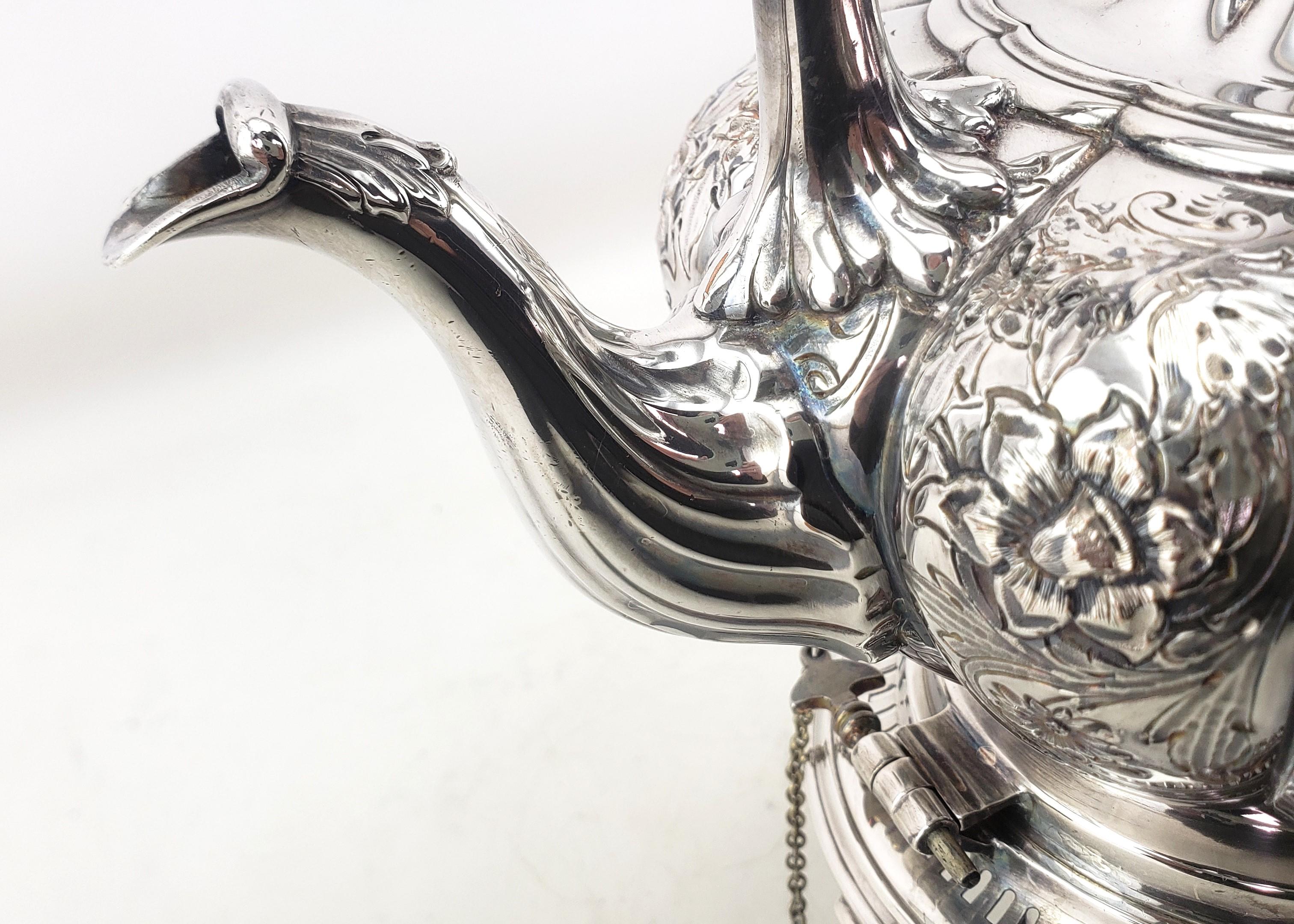 Antique English Silver Plated Tipping Hot Water Kettle with Chased Floral Motif For Sale 6
