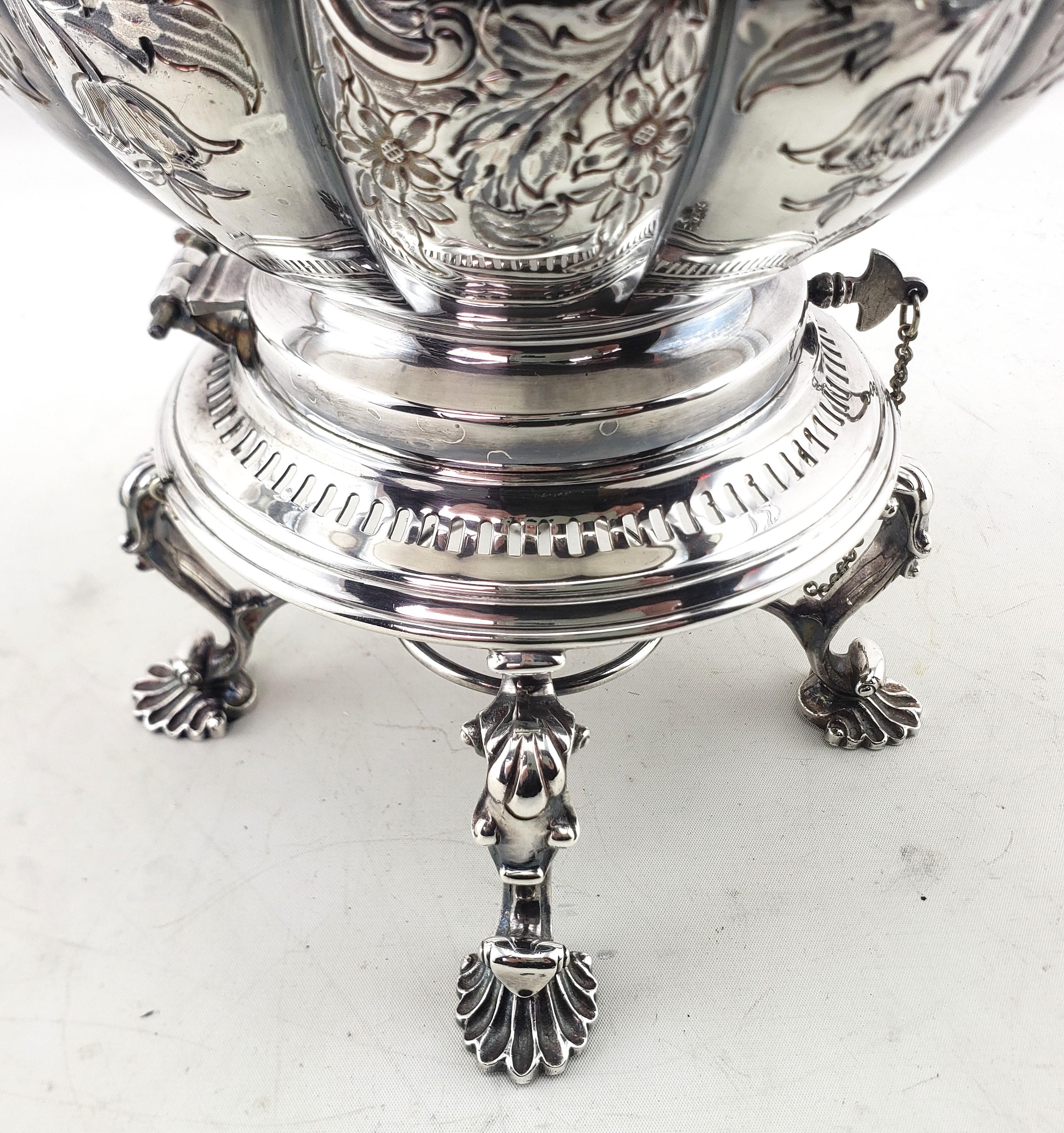 Antique English Silver Plated Tipping Hot Water Kettle with Chased Floral Motif For Sale 7