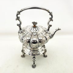 Antique English Silver Plated Tipping Hot Water Kettle with Chased Floral Motif