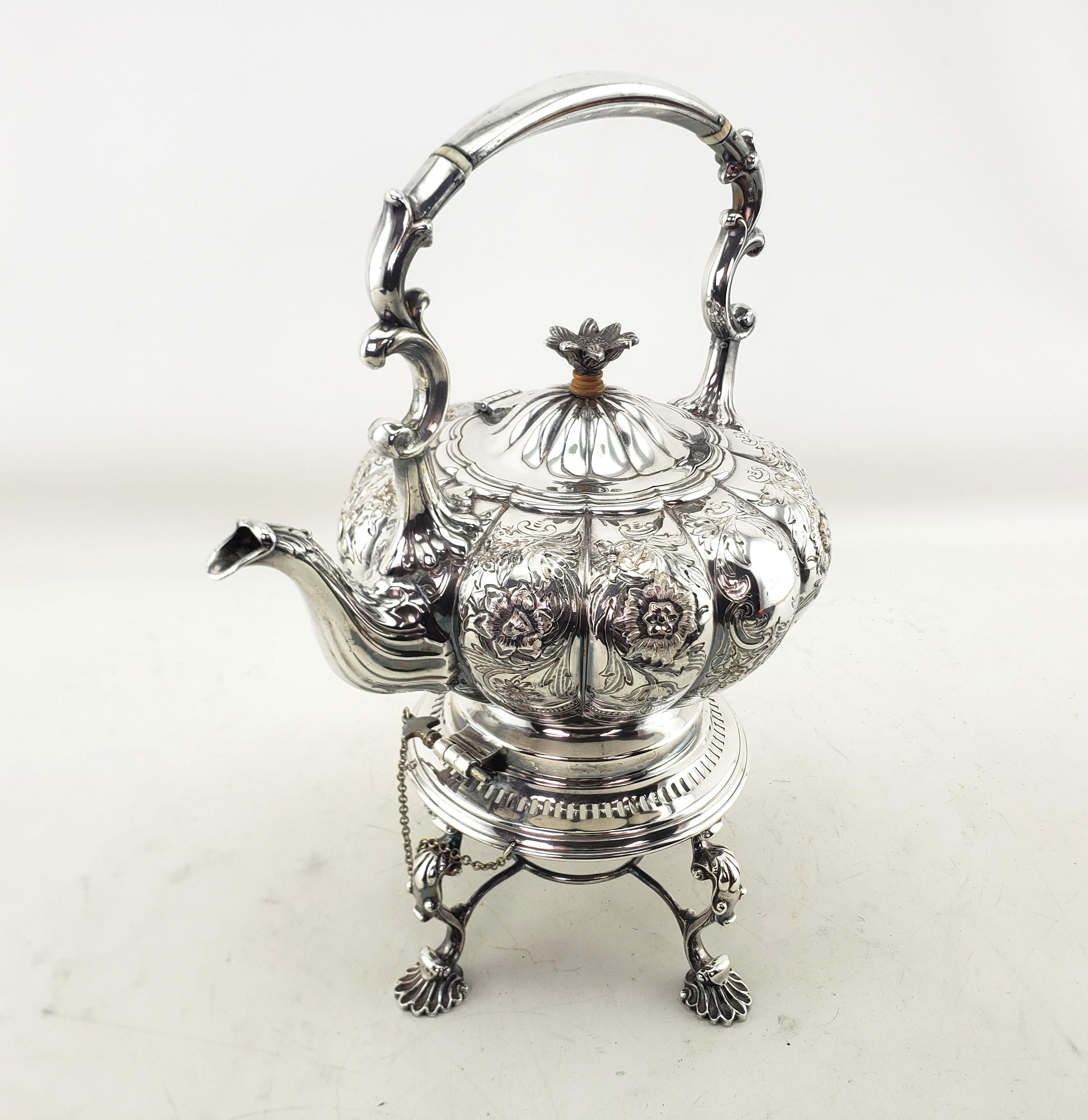 Art Nouveau Antique English Silver Plated Tipping Hot Water Kettle with Chased Floral Motif For Sale