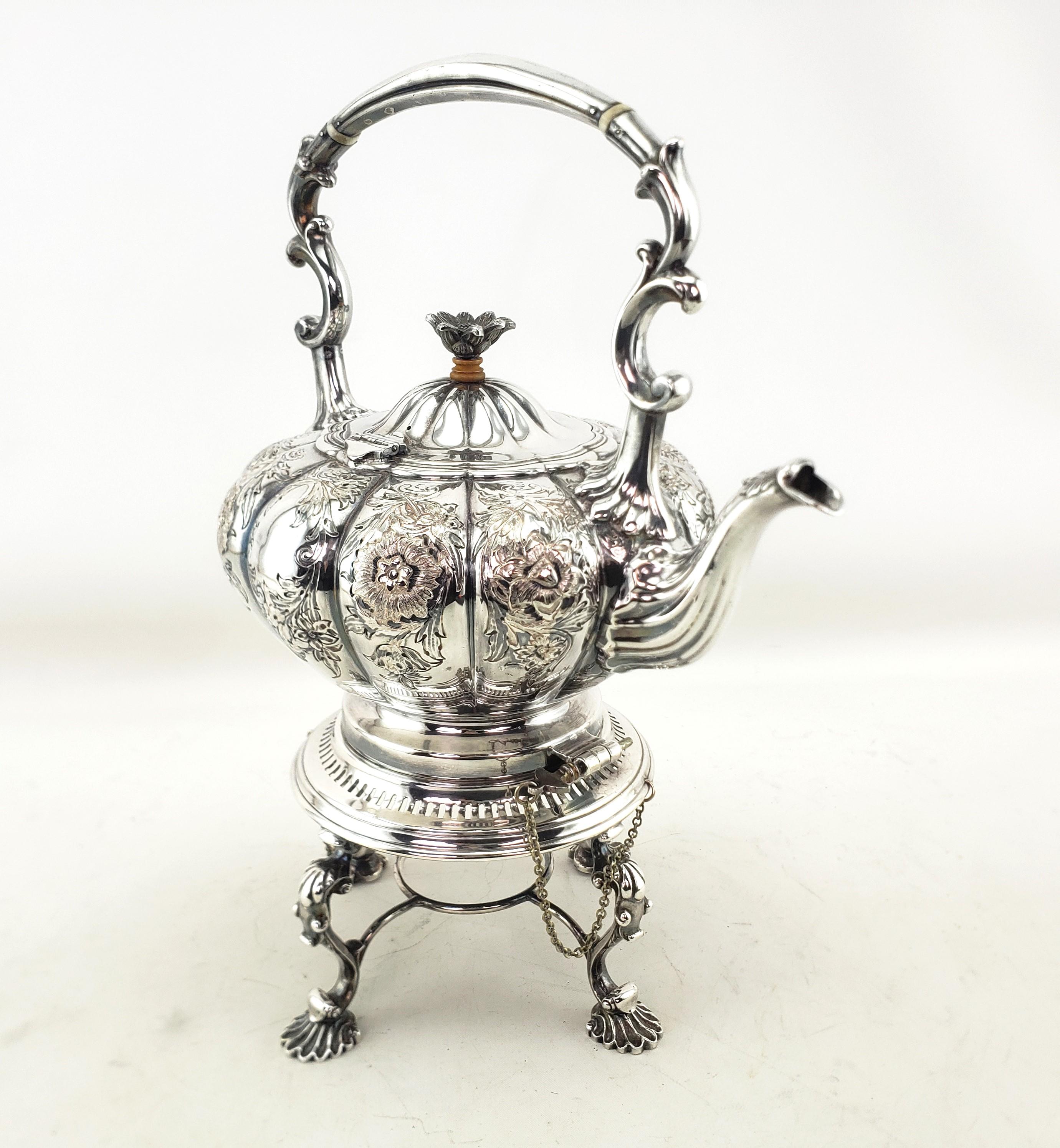 Machine-Made Antique English Silver Plated Tipping Hot Water Kettle with Chased Floral Motif For Sale