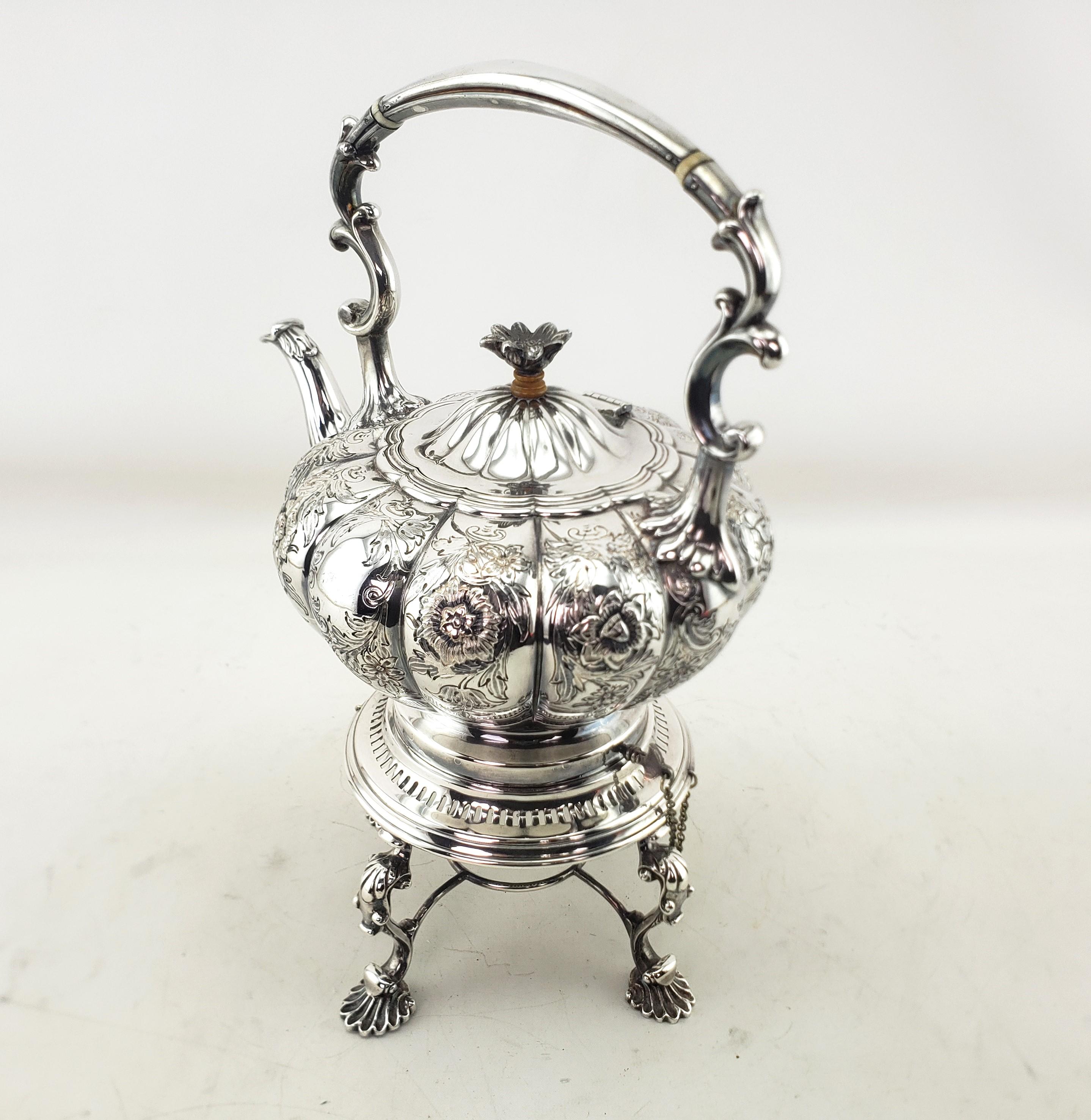 Antique English Silver Plated Tipping Hot Water Kettle with Chased Floral Motif In Good Condition For Sale In Hamilton, Ontario
