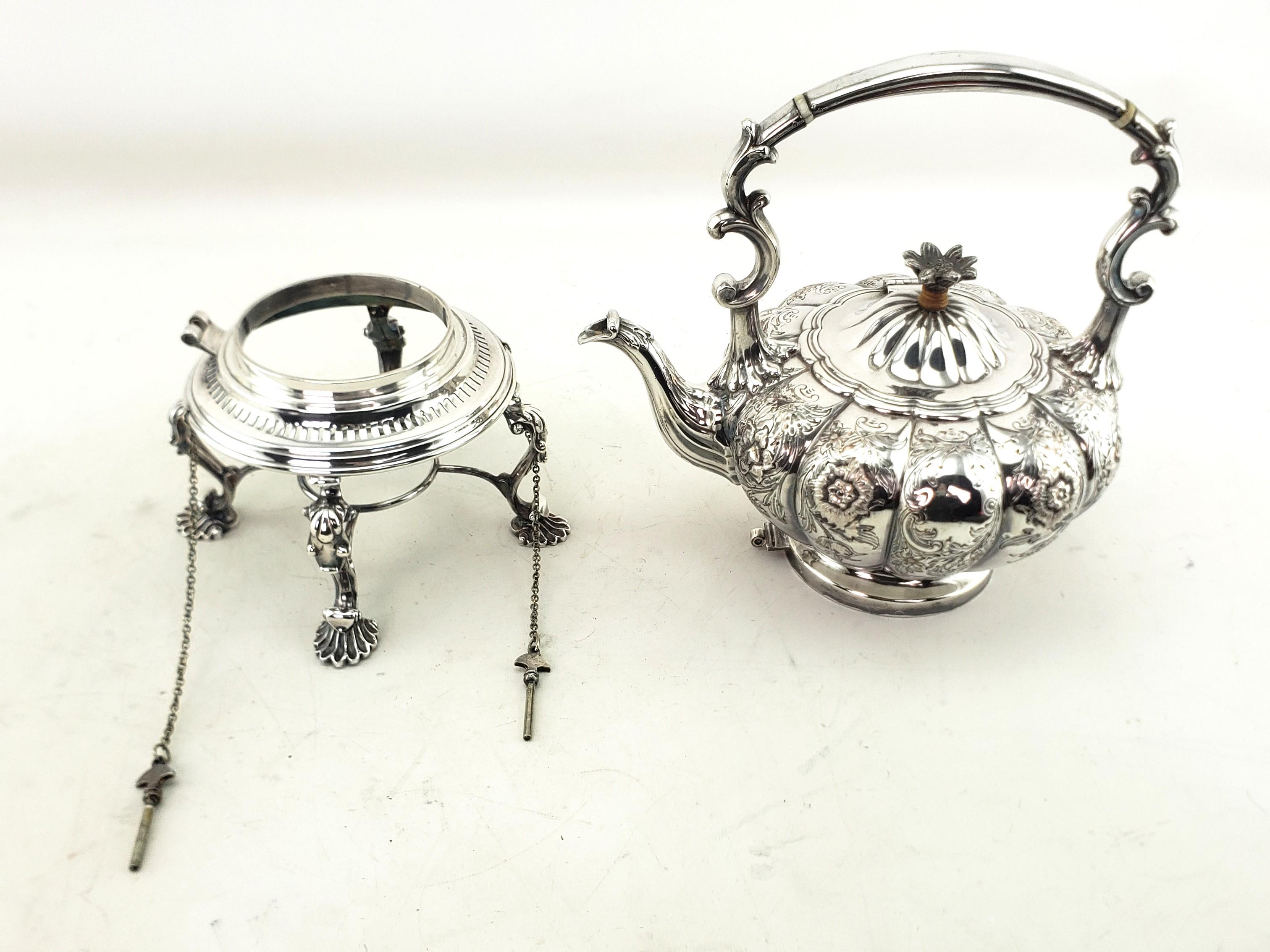 19th Century Antique English Silver Plated Tipping Hot Water Kettle with Chased Floral Motif For Sale