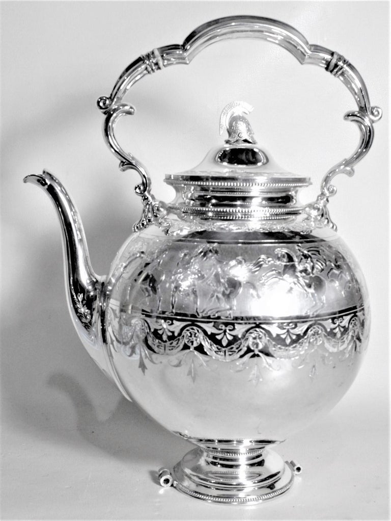 Antique English Silver Plated Tipping Teapot or Kettle with Helmut Top and Stand For Sale at 1stDibs