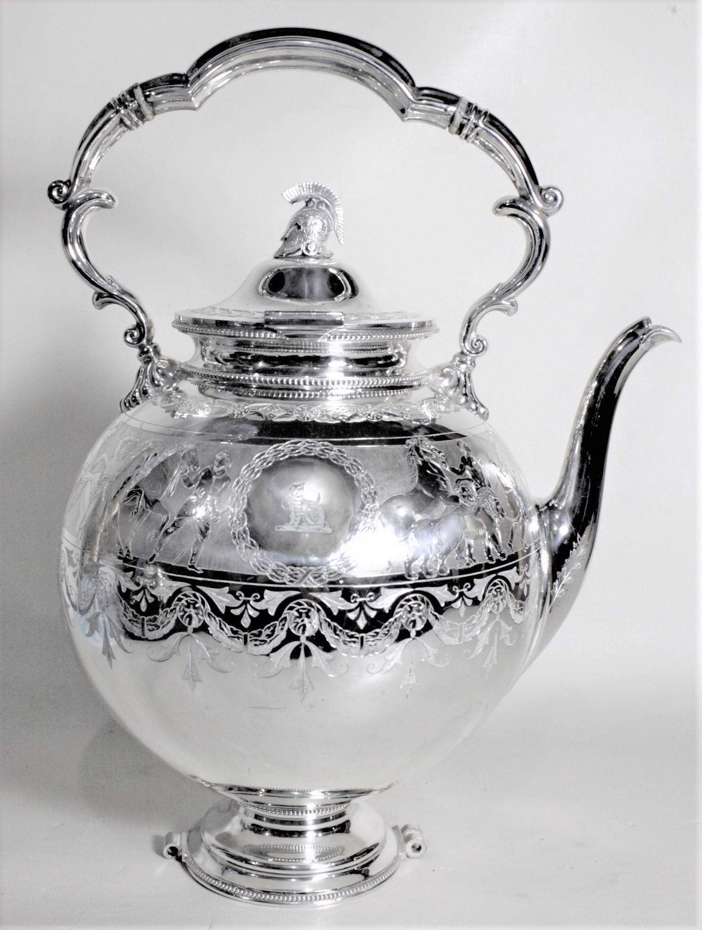 Metal Antique English Silver Plated Tipping Teapot or Kettle with Helmut Top and Stand For Sale
