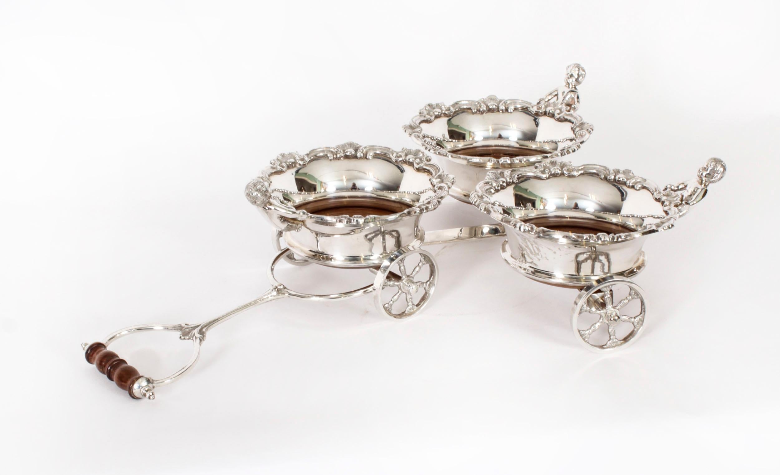 Antique English Silver Plated Triple Drinks Cart Coaster 20th C For Sale 8