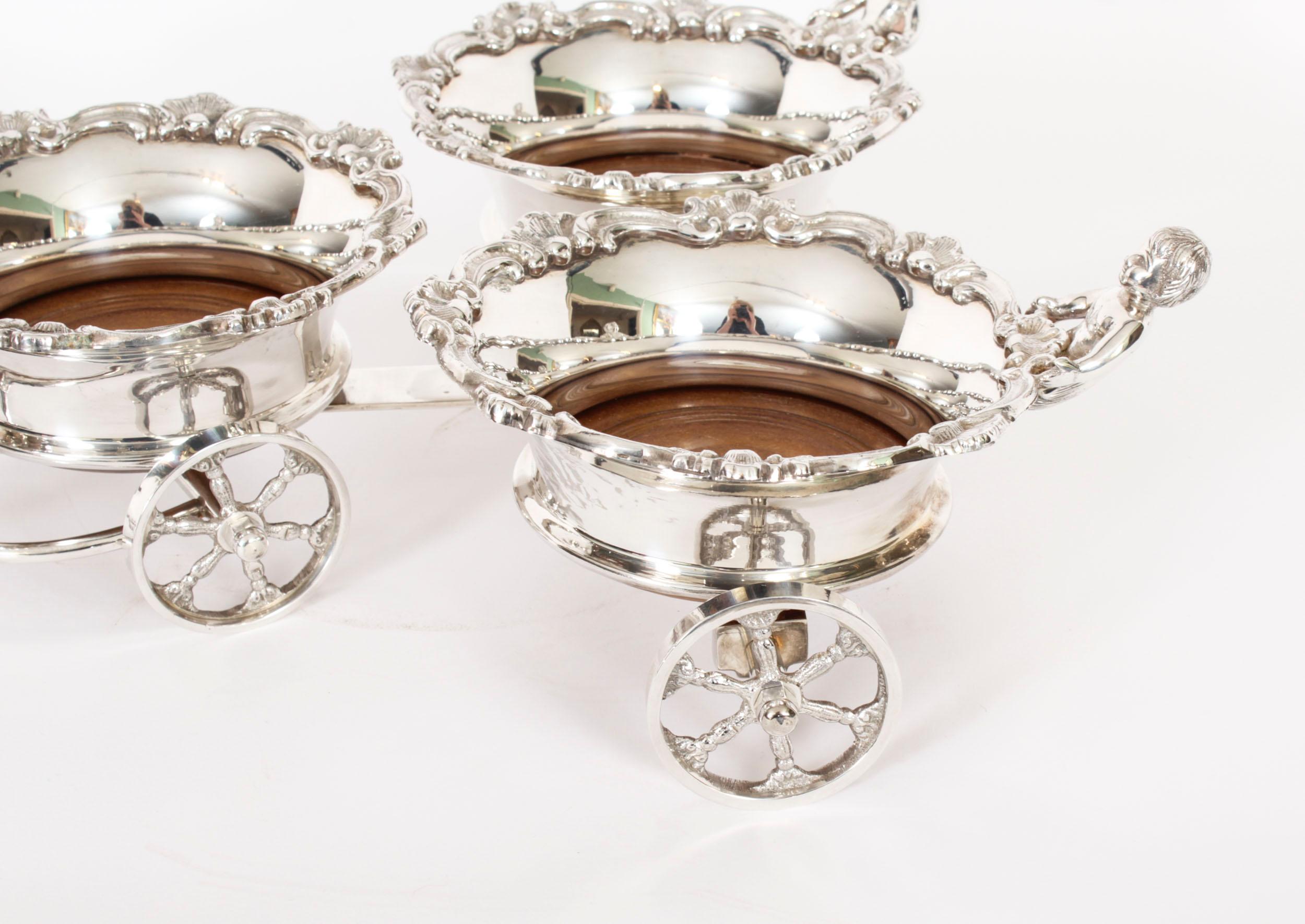 Mid-20th Century Antique English Silver Plated Triple Drinks Cart Coaster 20th C For Sale