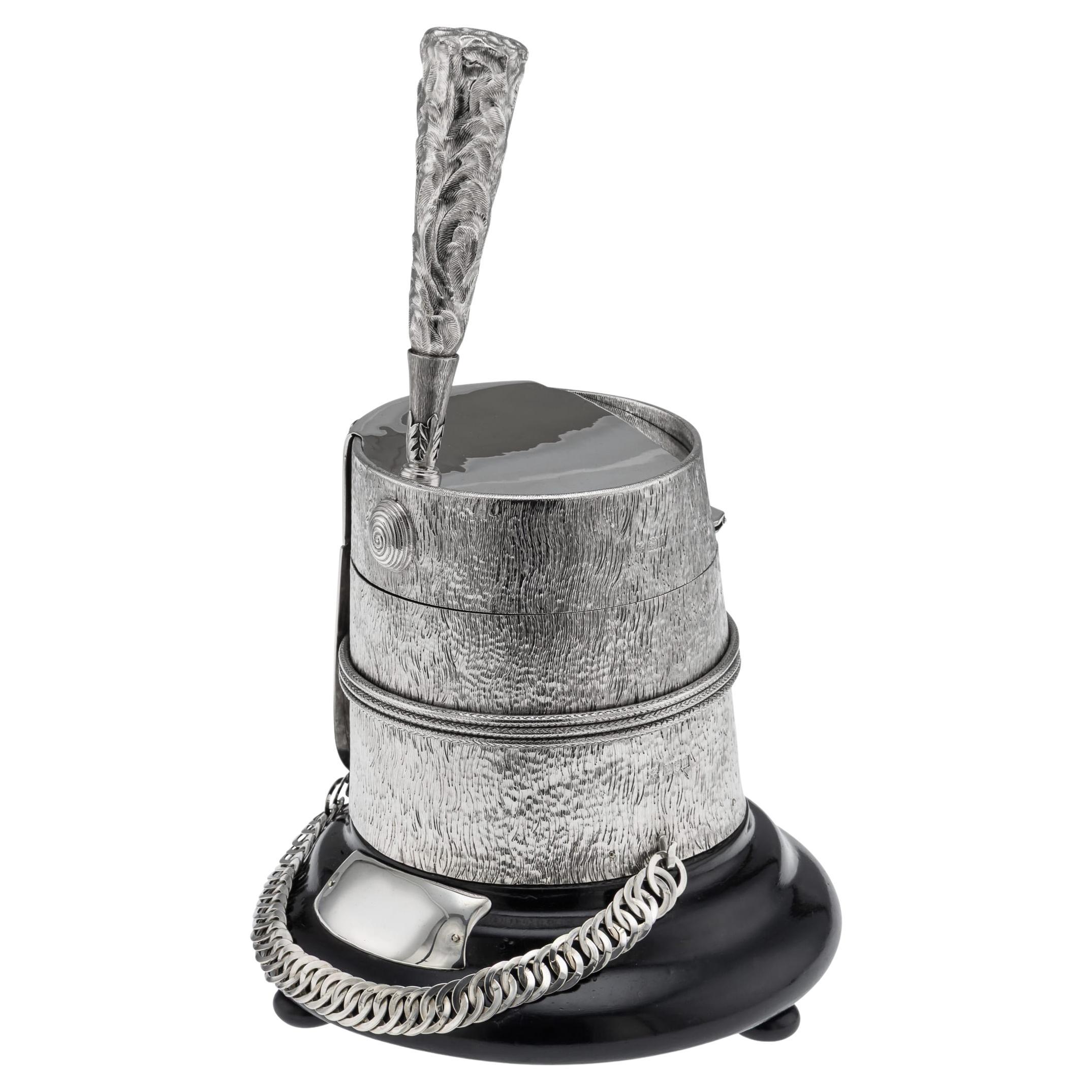 Antique English Silver Regimental Snuff Mull with Ebonised Base, 1908