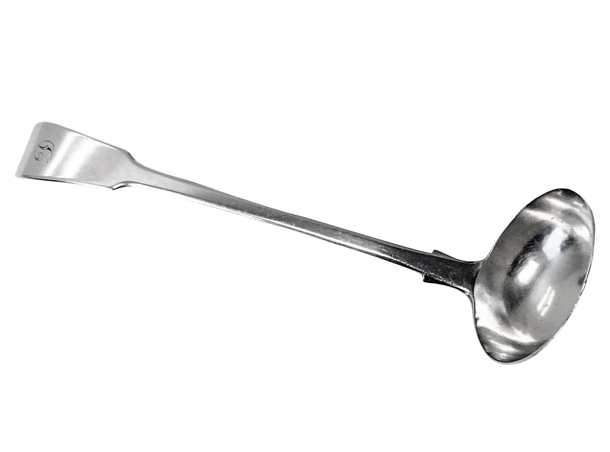 Antique English Silver Toddy Sauce Ladle, London 1854 Lias Bros. Fiddle pattern, initial D. Length: 6.5 inches. Weight: 32 grams. Condition: Good. Reflections purely from photography only