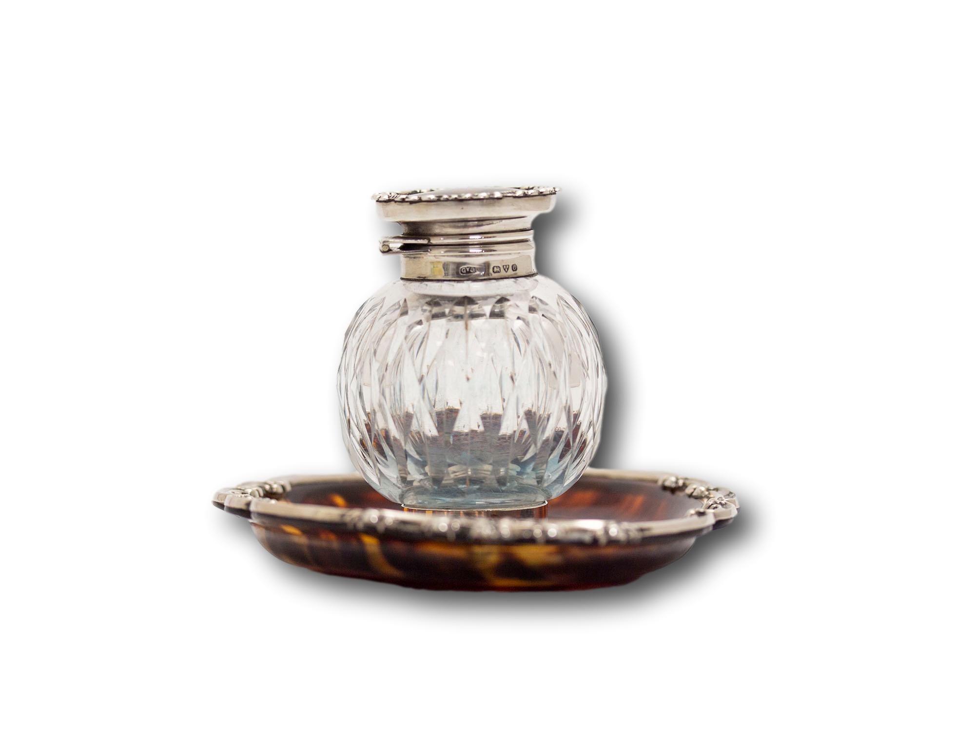 20th Century Antique English Silver & Tortoiseshell Inkwell For Sale