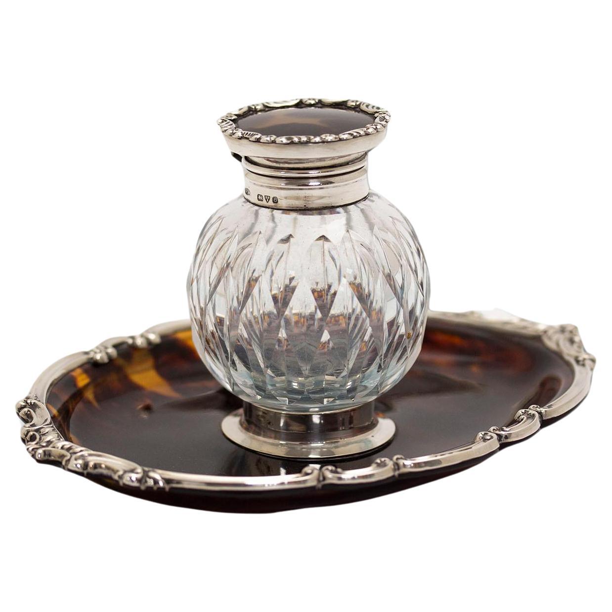 Antique English Silver & Tortoiseshell Inkwell For Sale