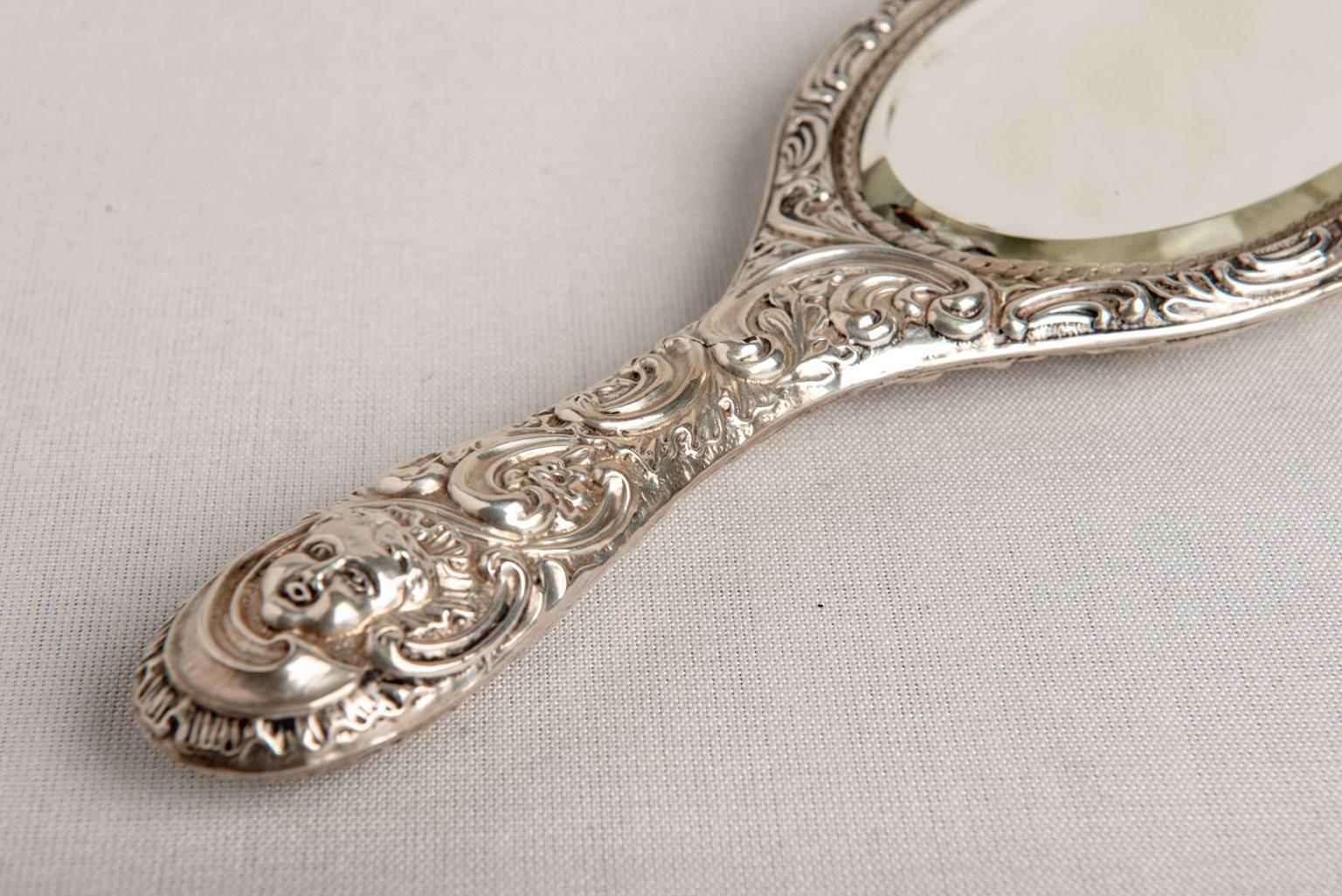 Aesthetic Movement Antique English Silver Vanity Mirror with Handle