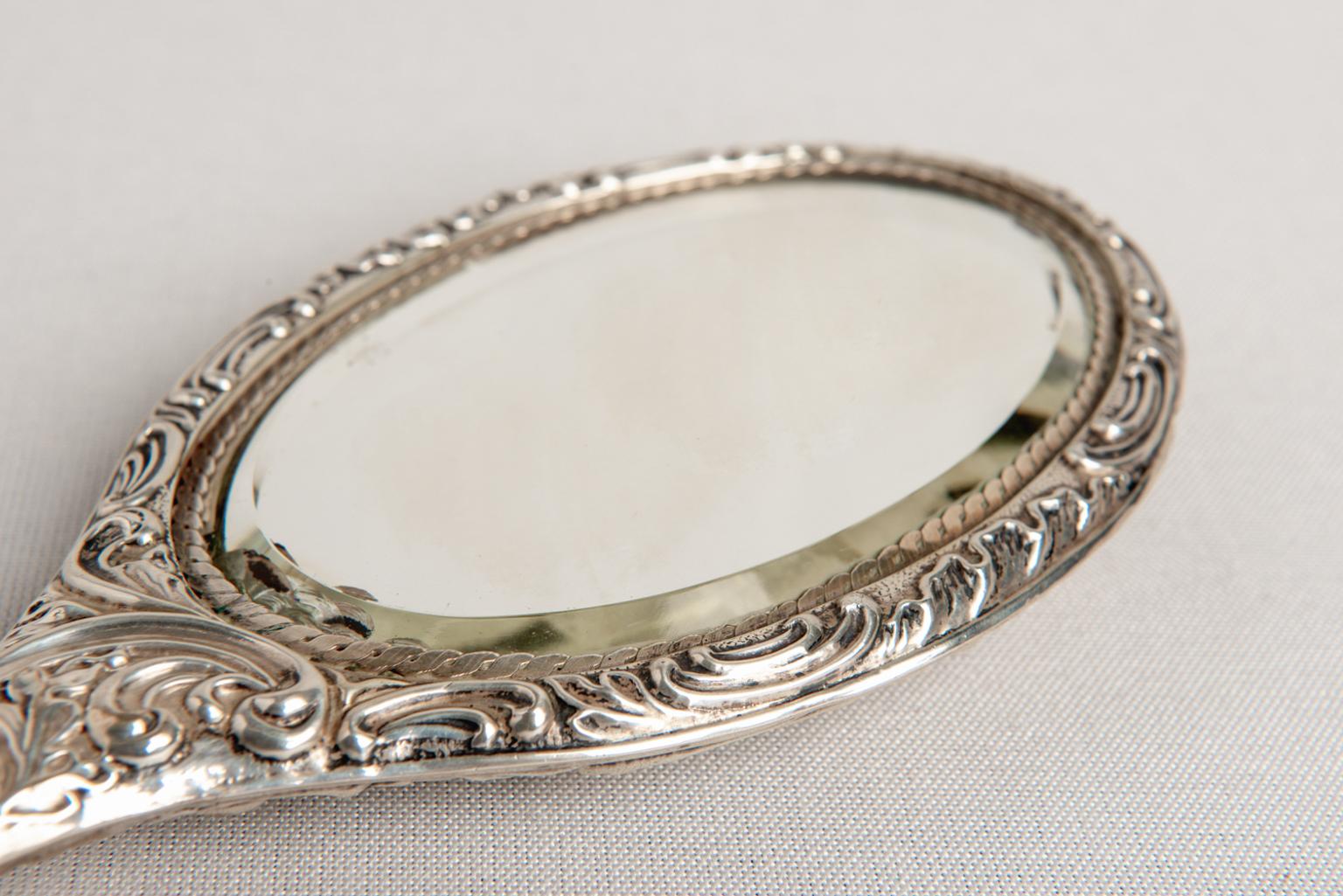 Engraved Antique English Silver Vanity Mirror with Handle