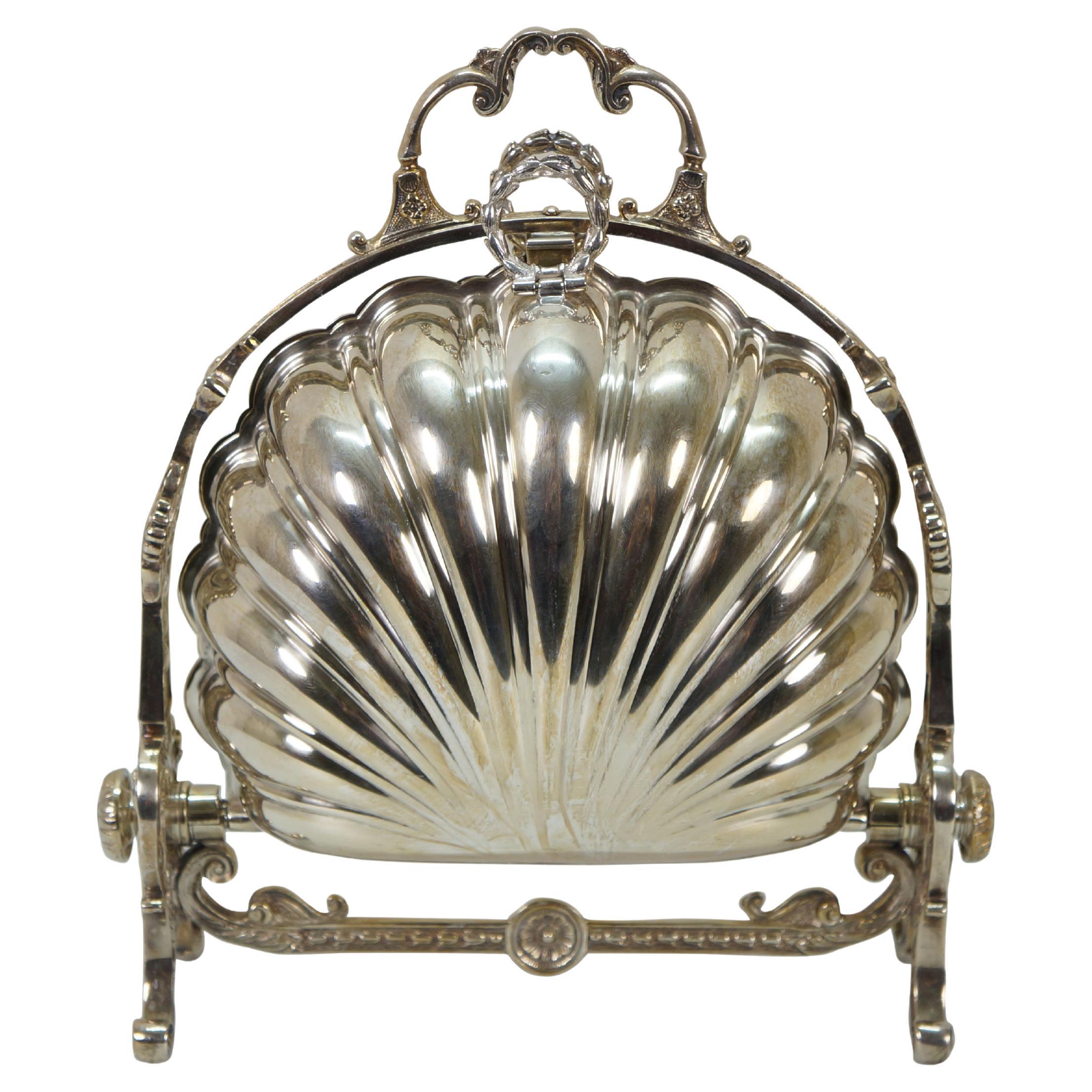 Antique English Silverplate Scalloped Clam Shell Biscuit Box Bun Warmer 11" For Sale