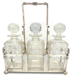 Antique English Silverplated Neoclassical Three Cut Glass Decanter/ Tauntless