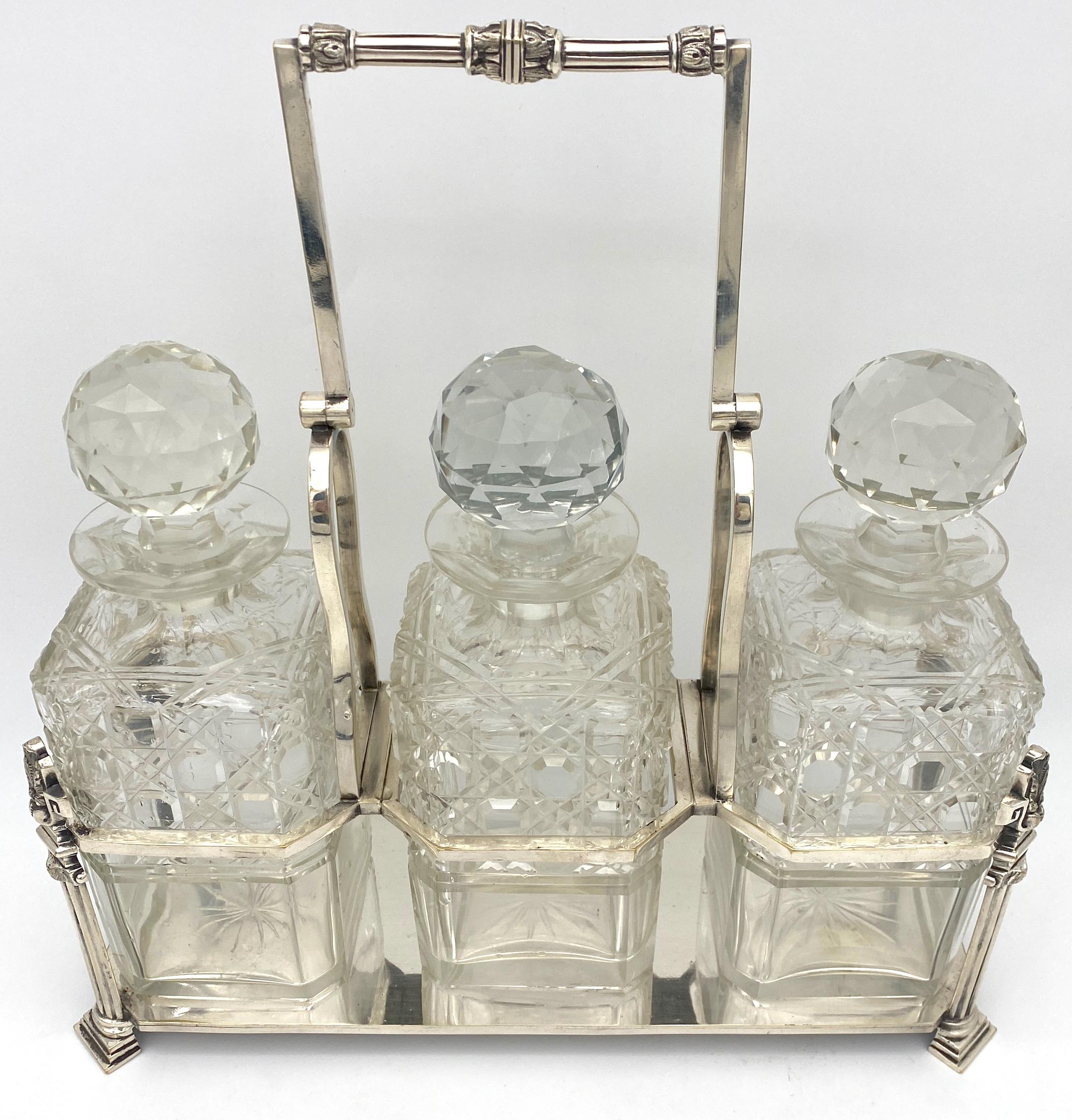 Engraved Antique English Silverplated Neoclassical Three Cut Glass Decanter/ Tauntless   For Sale