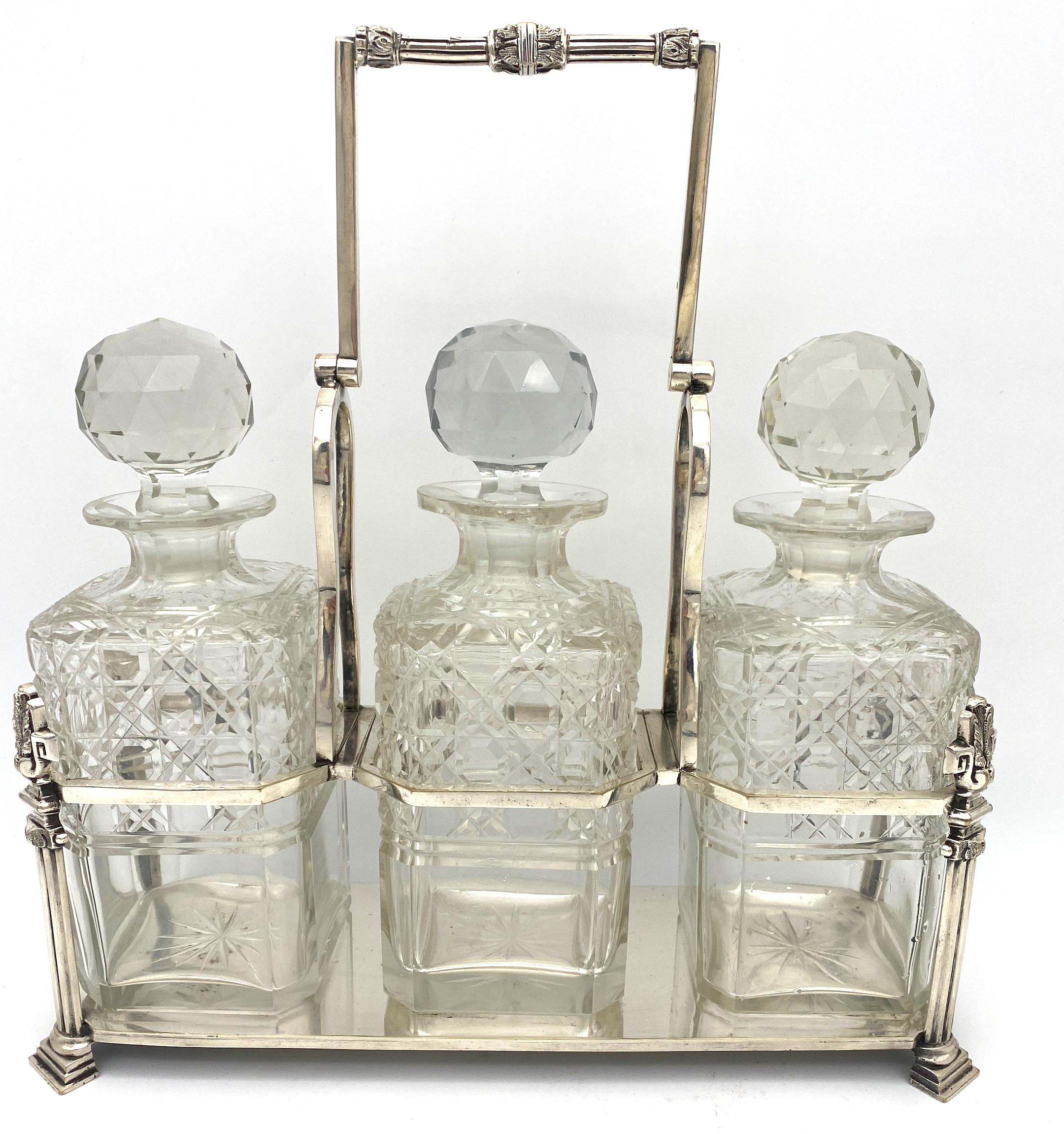 Silver Plate Antique English Silverplated Neoclassical Three Cut Glass Decanter/ Tauntless   For Sale