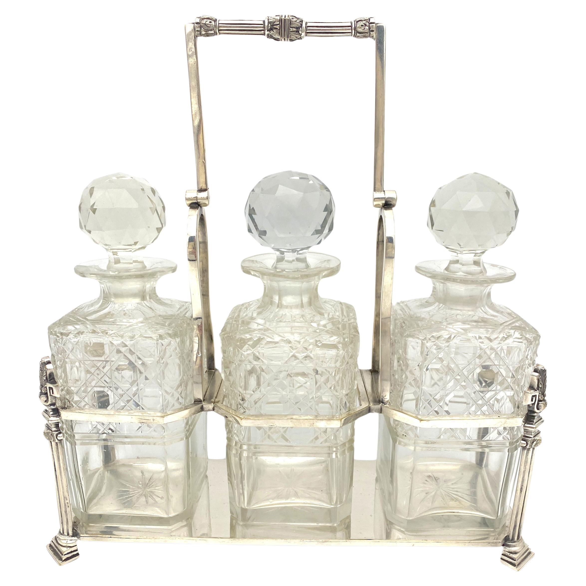 Antique English Silverplated Neoclassical Three Cut Glass Decanter/ Tauntless   For Sale