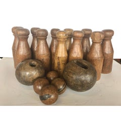 Antique English Skittles/Lawn Bowling Wood Game Set