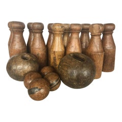 Antique English Skittles/Lawn Bowling Wood Game Set