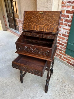 Antique English Slant Front Desk Display Stand Jacobean Carved Tiger Oak Lectern