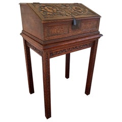 Antique English Slant Top Bible Box Desk Stand Jacobean Carved Oak Lectern c1890