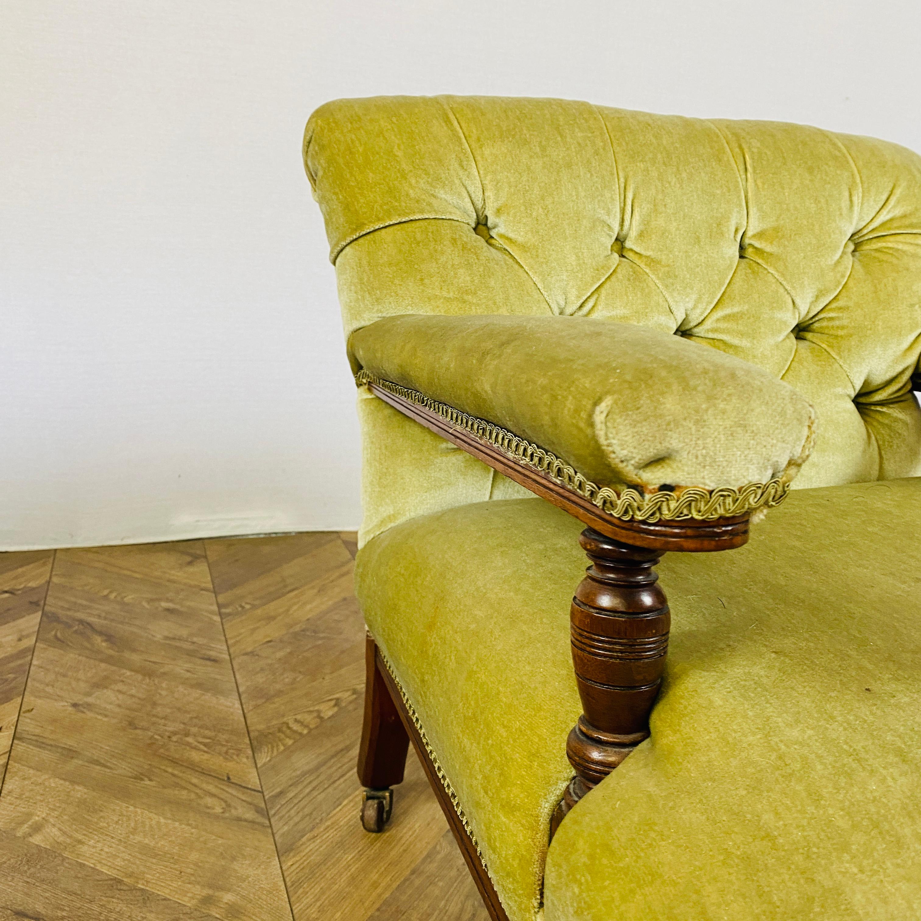 Fabric Antique English Small Button-Back Open Armchair on Brass Castors, 1890s