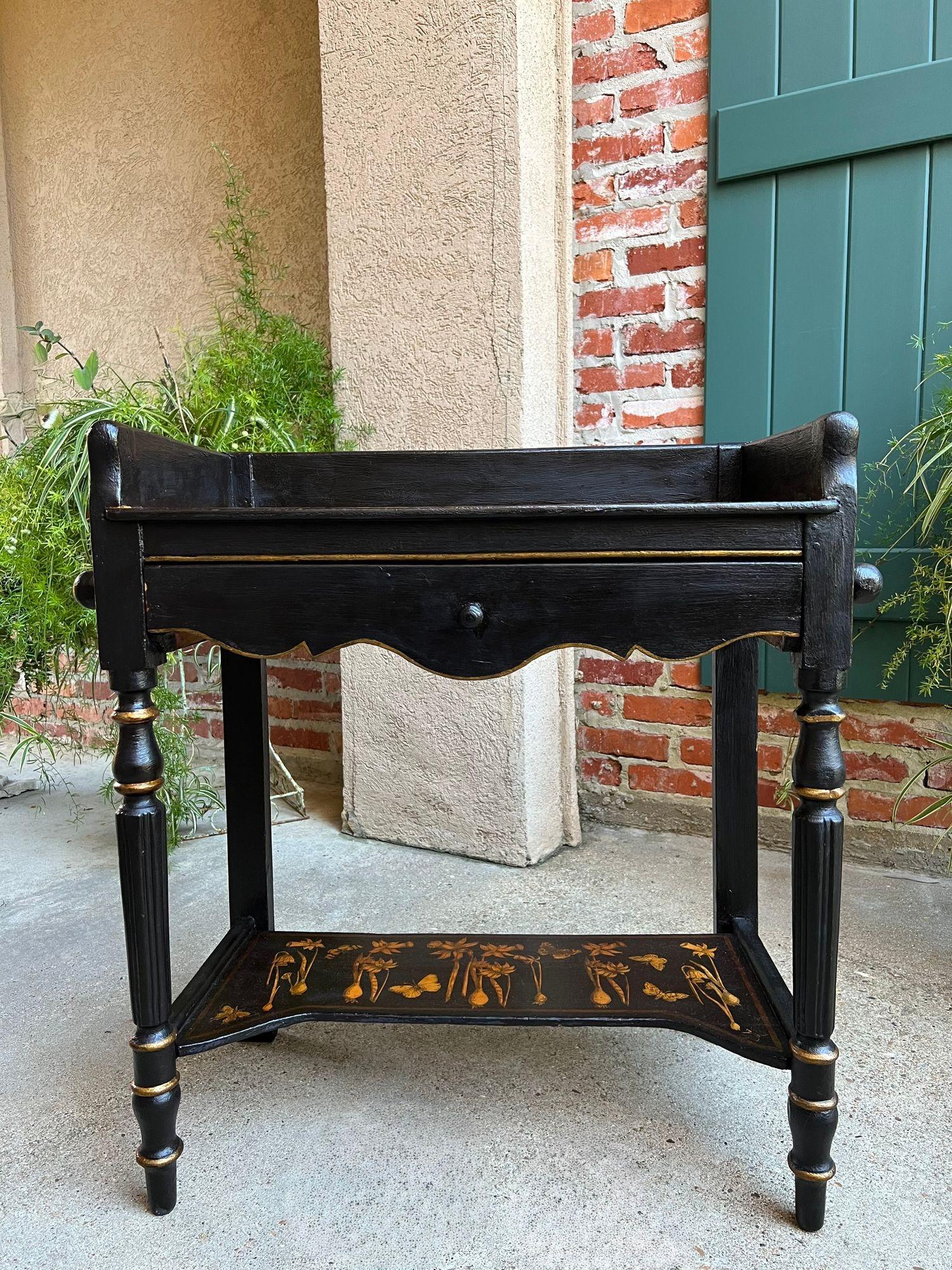 Antique English Sofa Side Table Decoupage Botanical Floral Black Gold c1890 For Sale 2