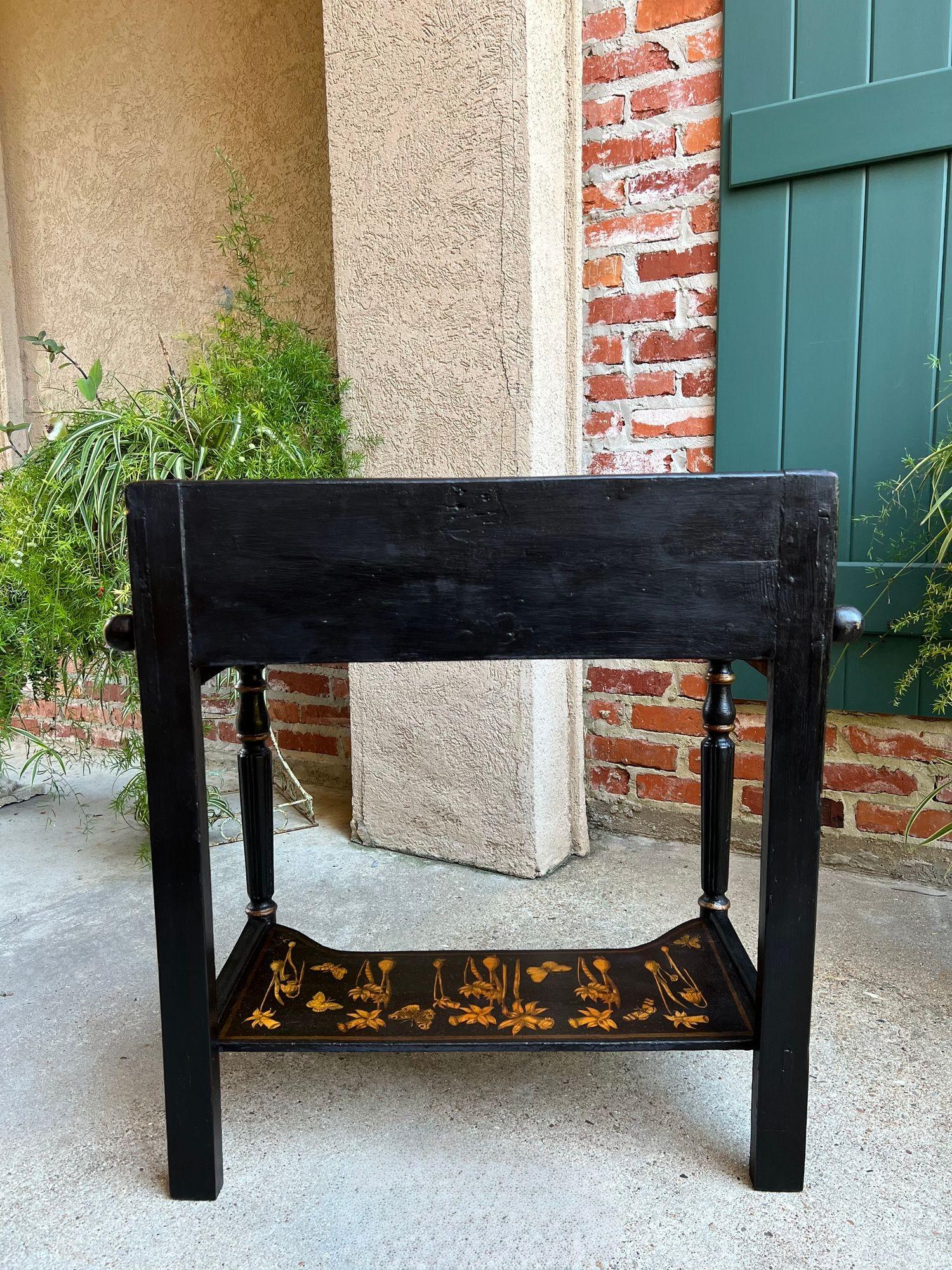 Antique English Sofa Side Table Decoupage Botanical Floral Black Gold c1890 For Sale 4