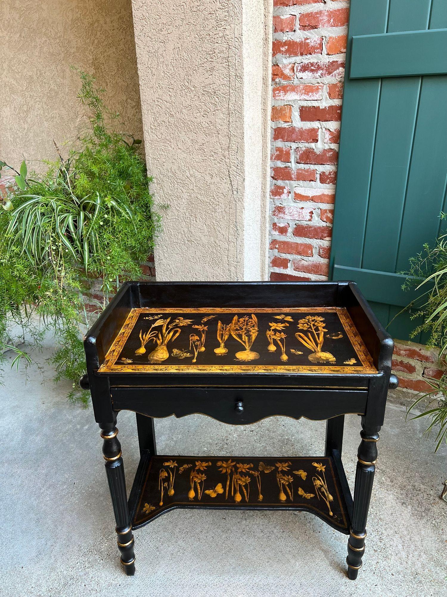 Antique English Sofa Side Table Decoupage Botanical Floral Black Gold c1890 For Sale 5