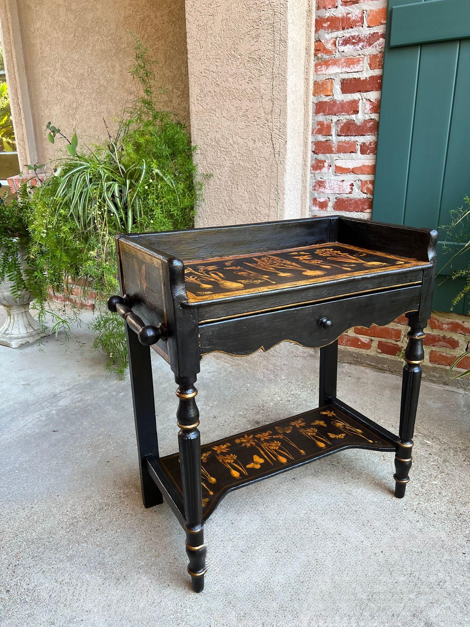 Antique English Sofa Side Table Decoupage Botanical Floral Black Gold c1890 For Sale 6