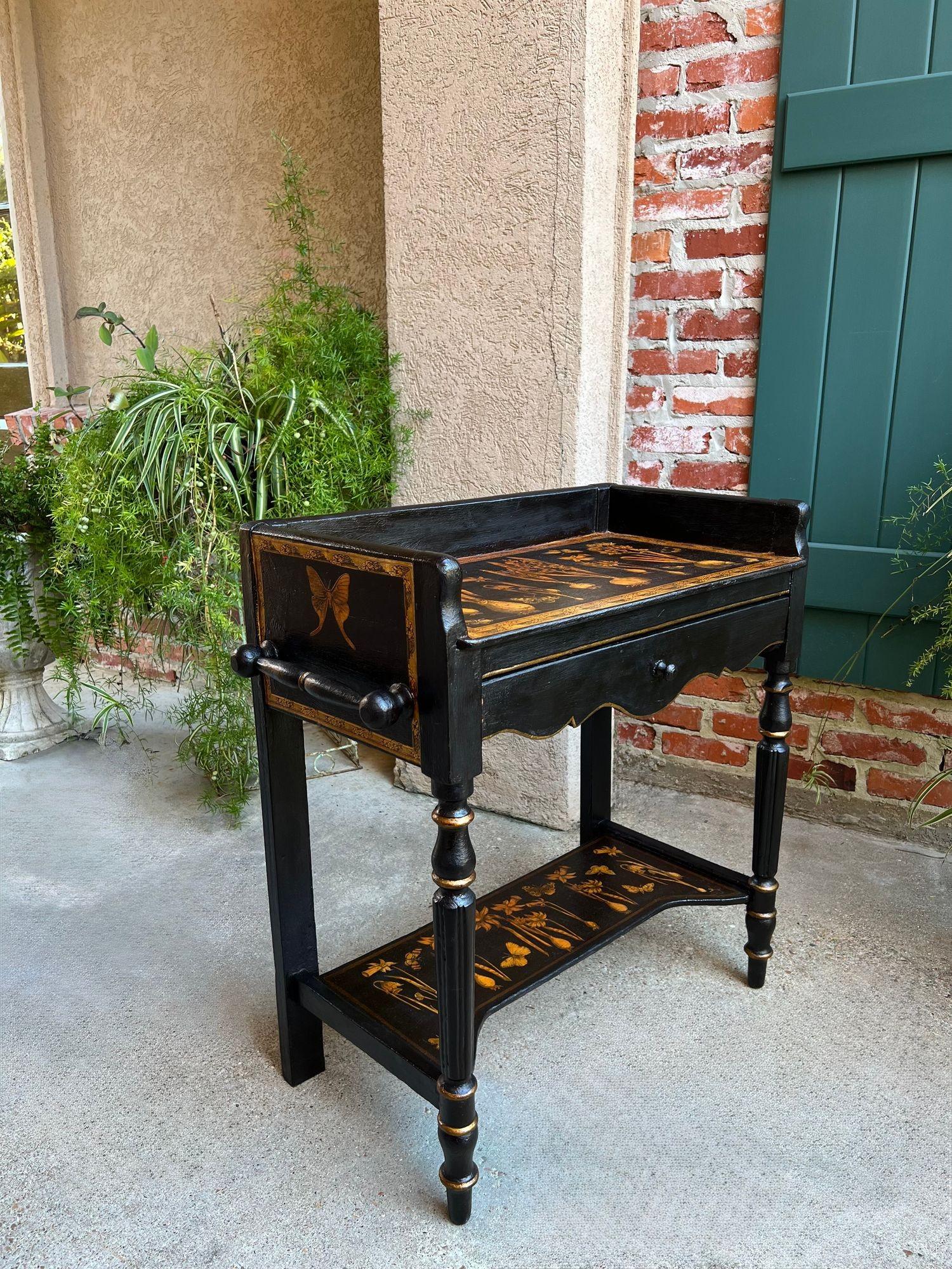 Antique English Sofa Side Table Decoupage Botanical Floral Black Gold c1890 For Sale 7
