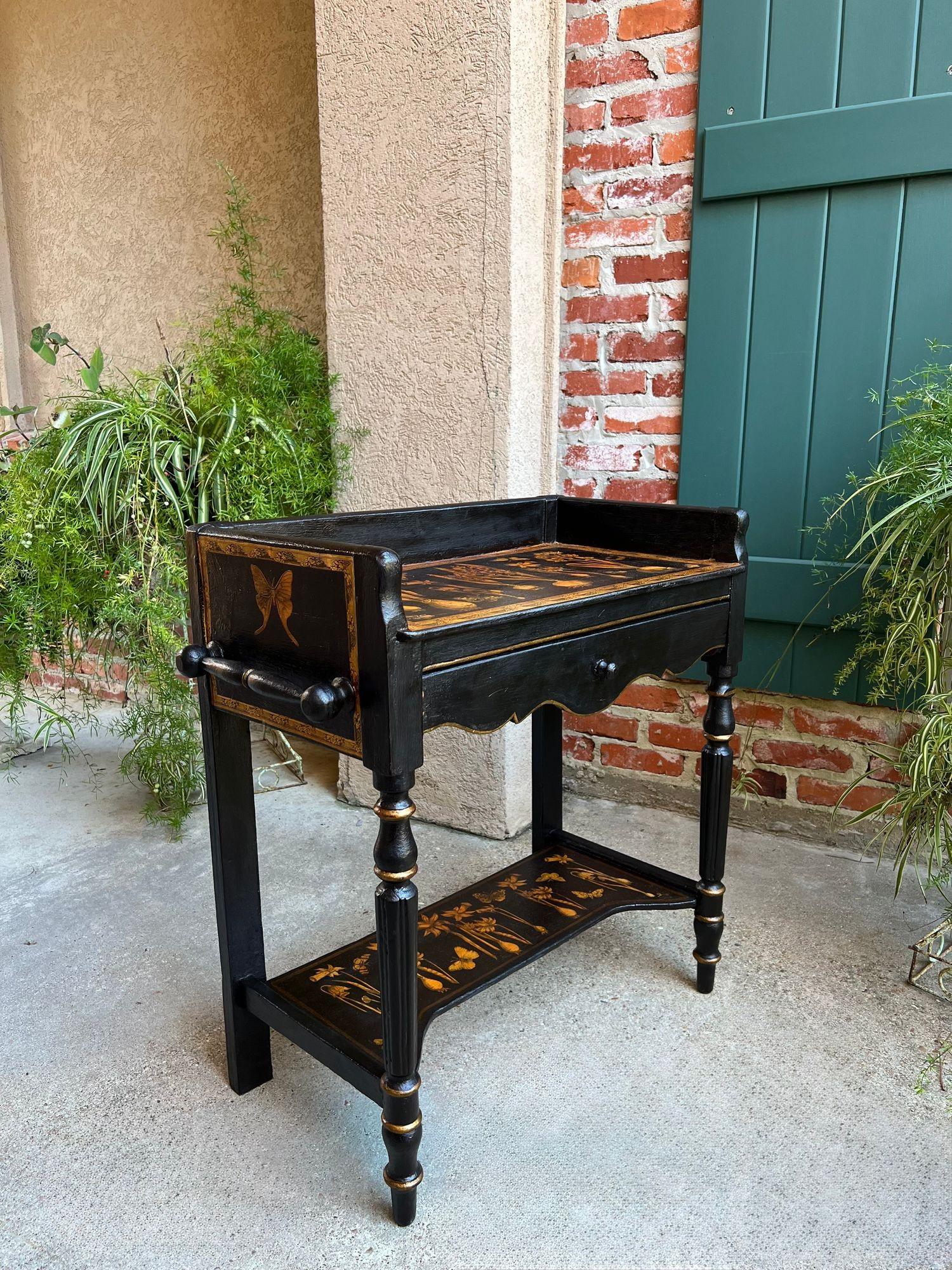 Antique English Sofa Side Table Decoupage Botanical Floral Black Gold c1890 For Sale 8