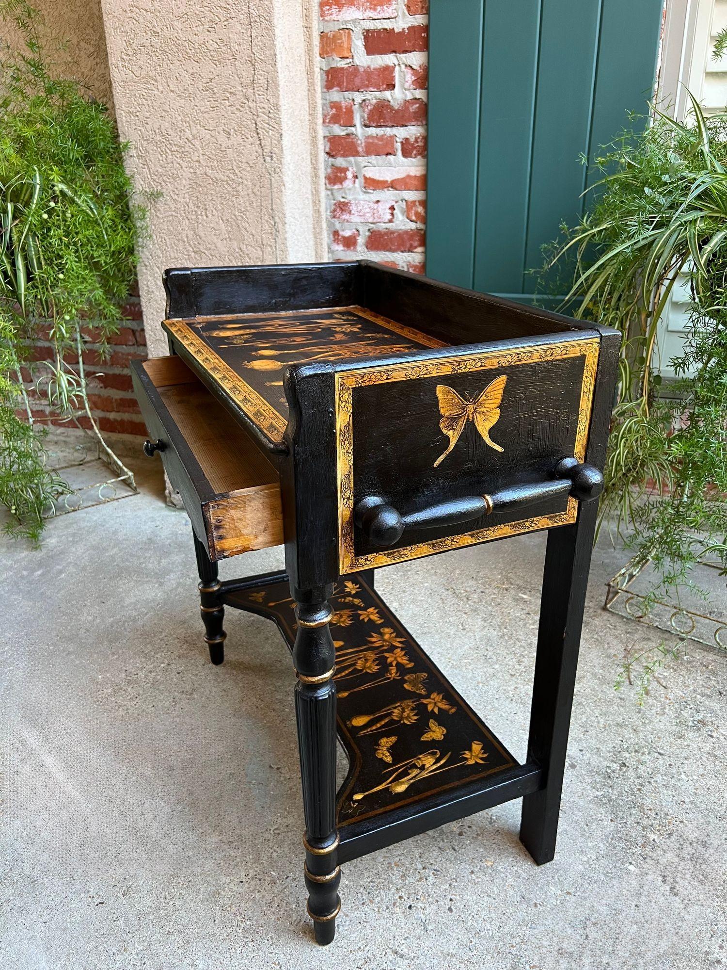 Antique English Sofa Side Table Decoupage Botanical Floral Black Gold c1890 For Sale 9