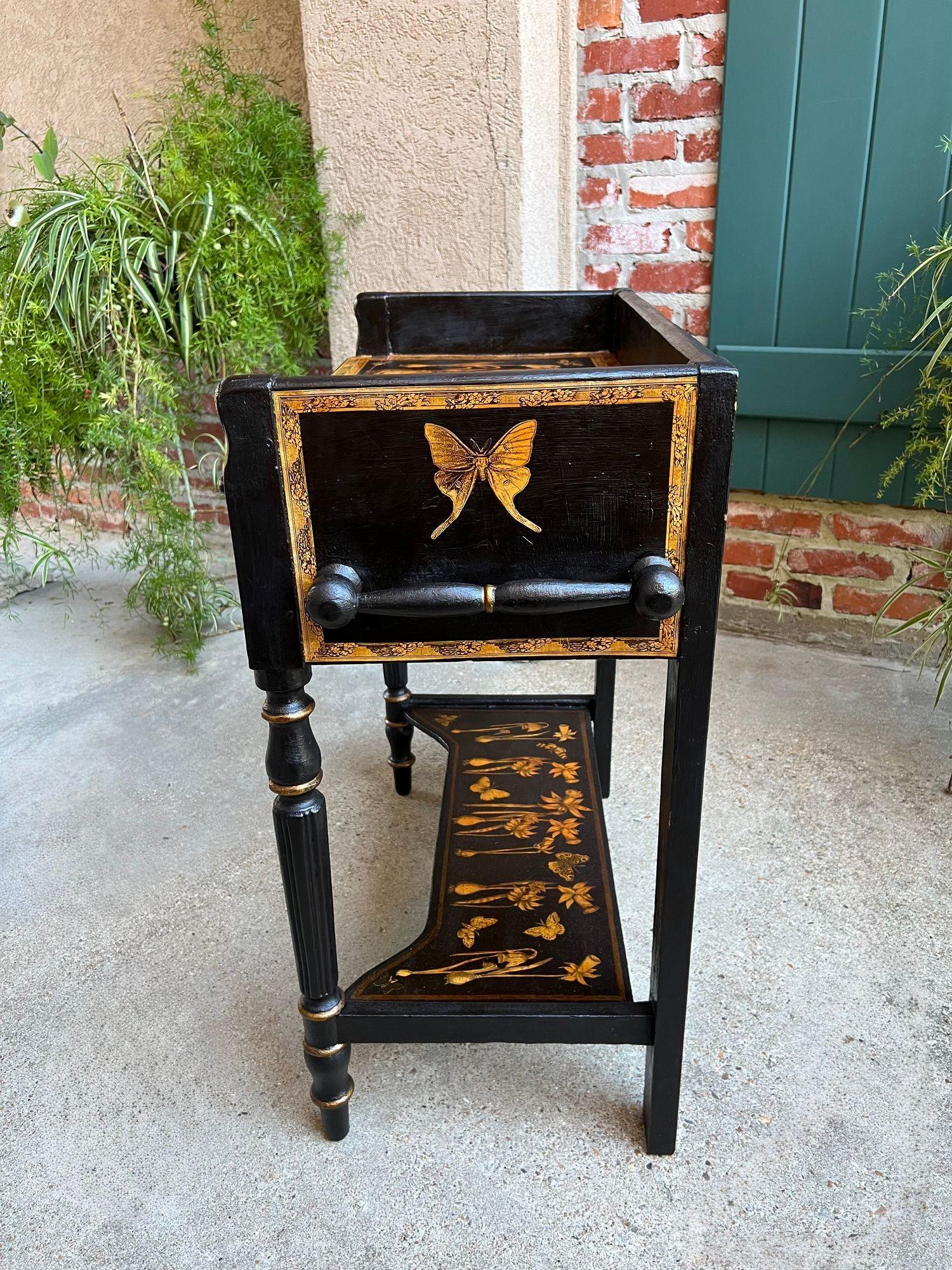 Antique English Sofa Side Table Decoupage Botanical Floral Black Gold c1890 For Sale 10
