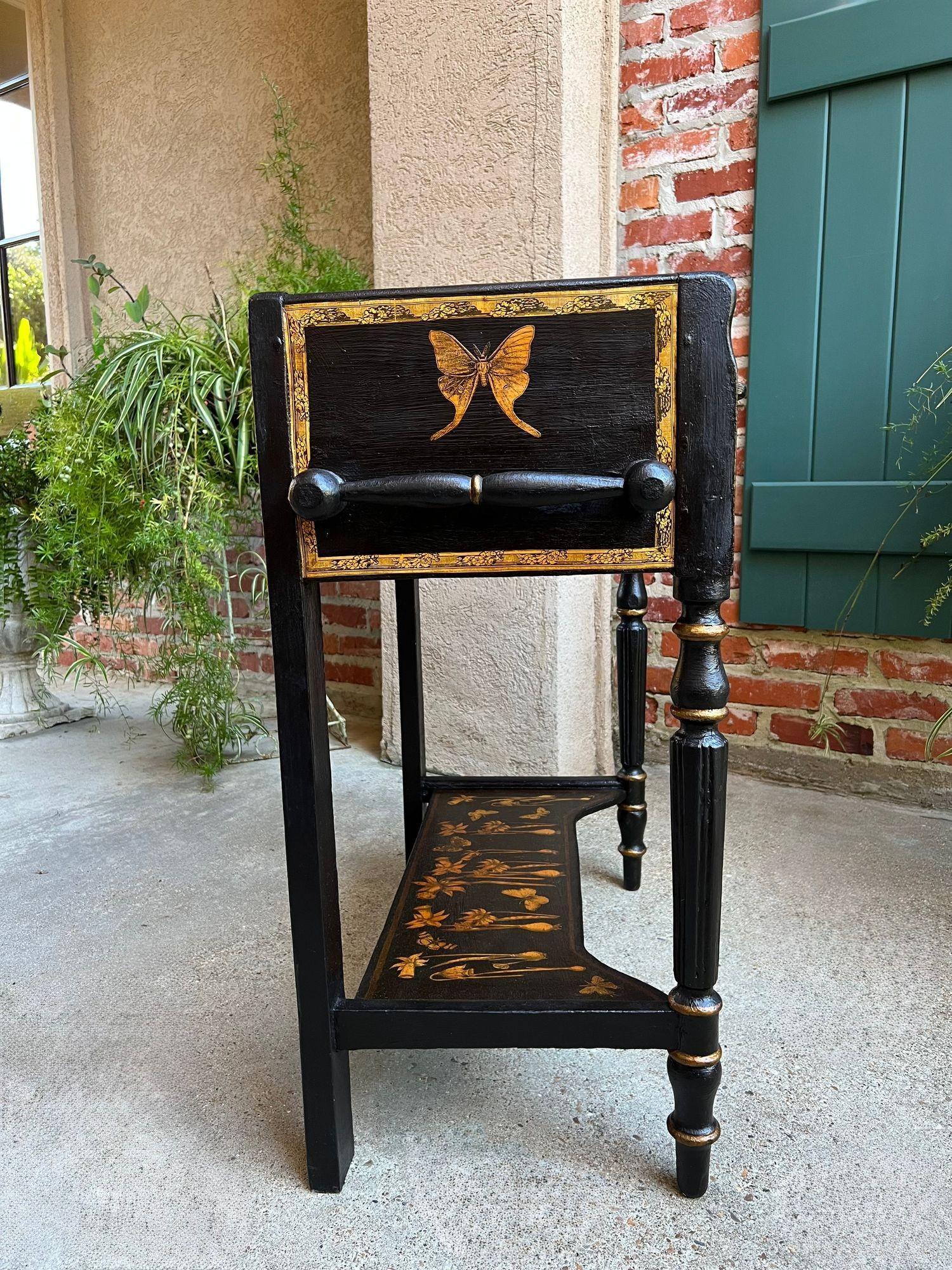 Antique English Sofa Side Table Decoupage Botanical Floral Black Gold c1890 For Sale 11