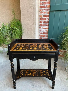 Antique English Sofa Side Table Decoupage Botanical Floral Black Gold c1890
