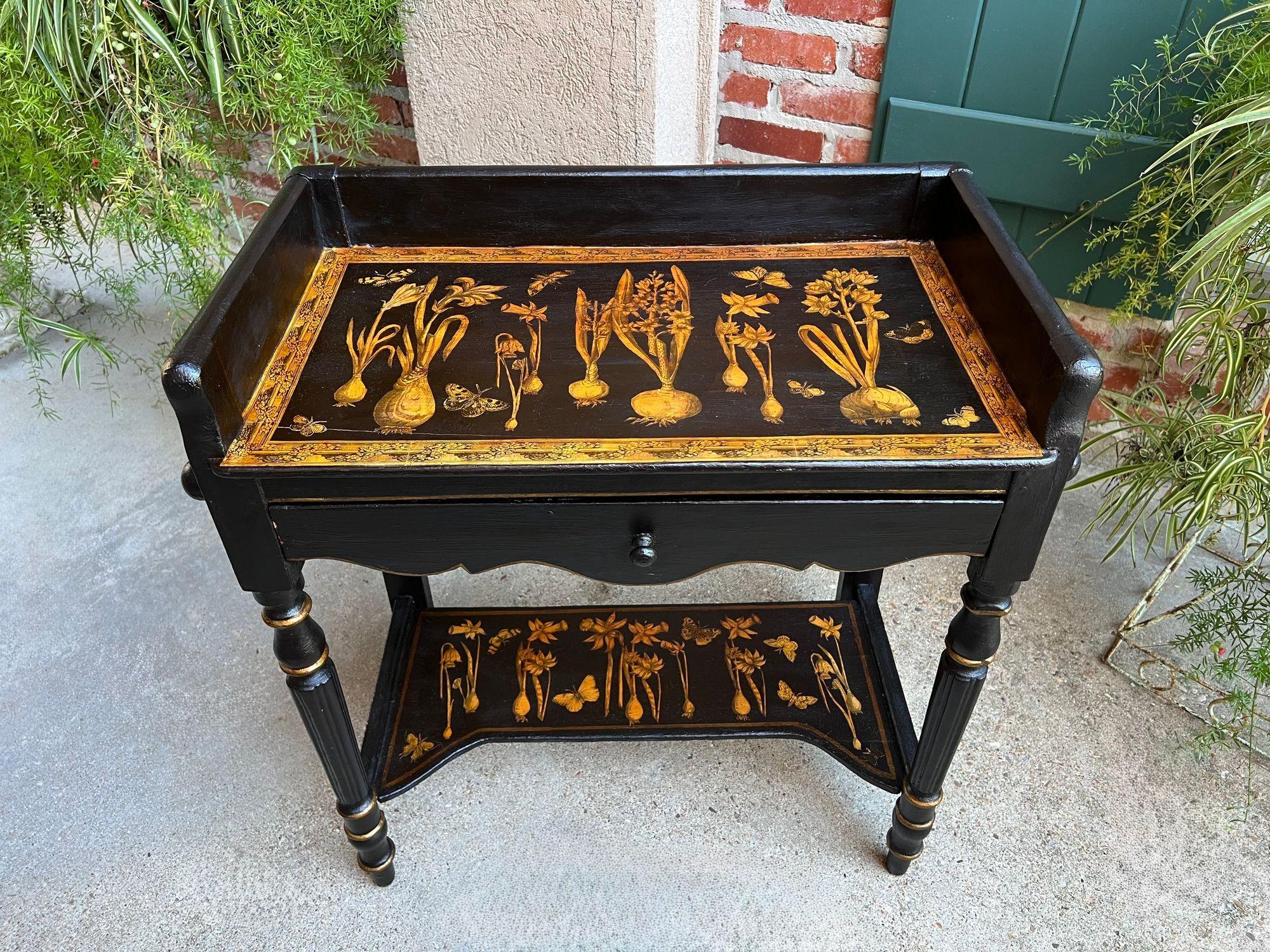 Antique English Sofa Side Table Decoupage Botanical Floral Black Gold c1890 For Sale 12