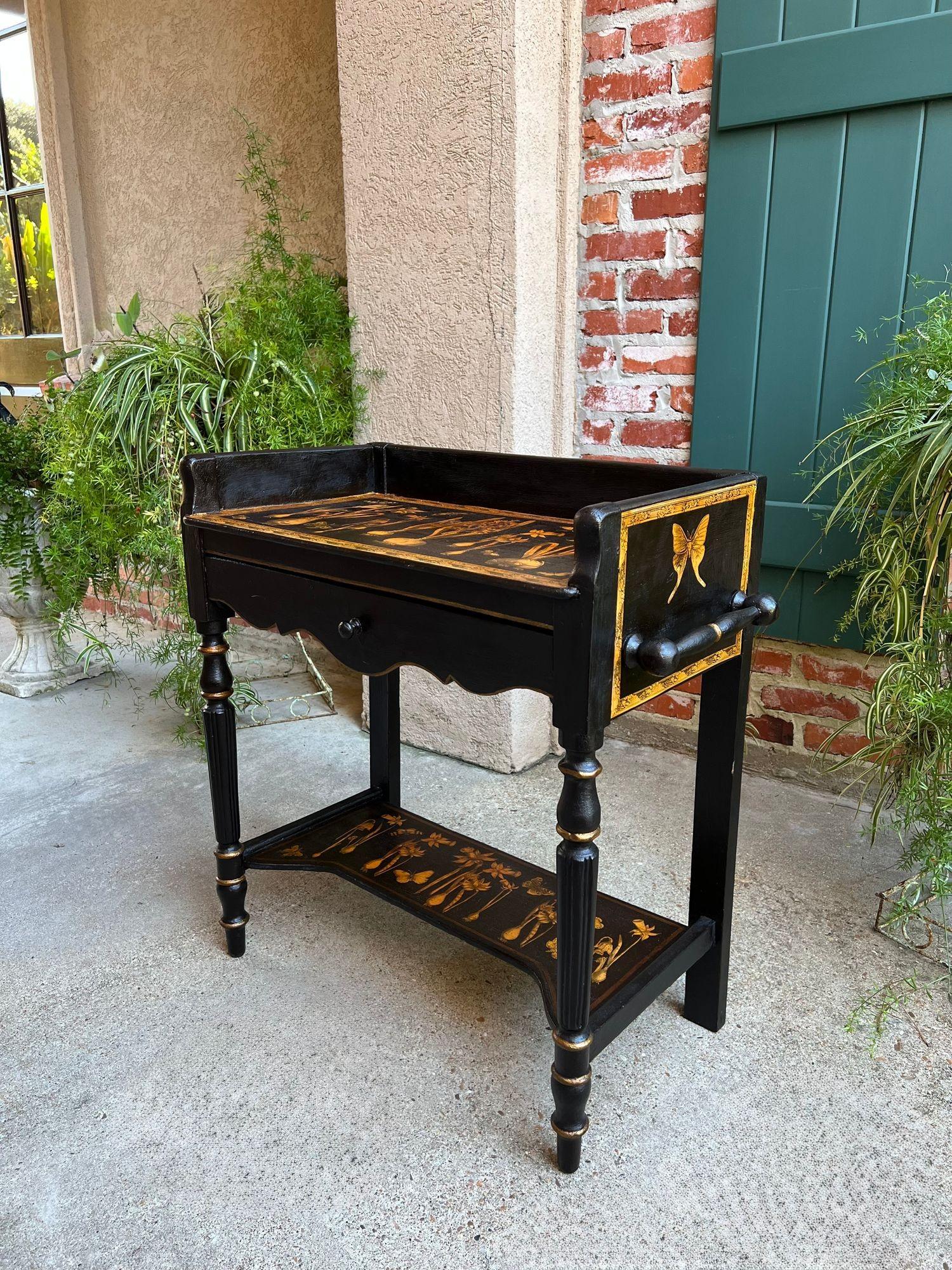 Late Victorian Antique English Sofa Side Table Decoupage Botanical Floral Black Gold c1890 For Sale