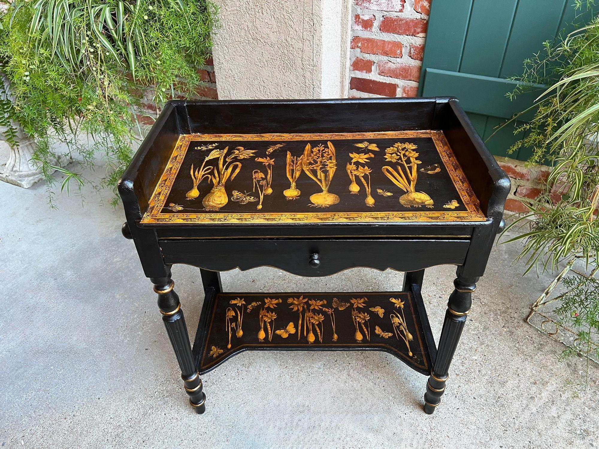 British Antique English Sofa Side Table Decoupage Botanical Floral Black Gold c1890 For Sale