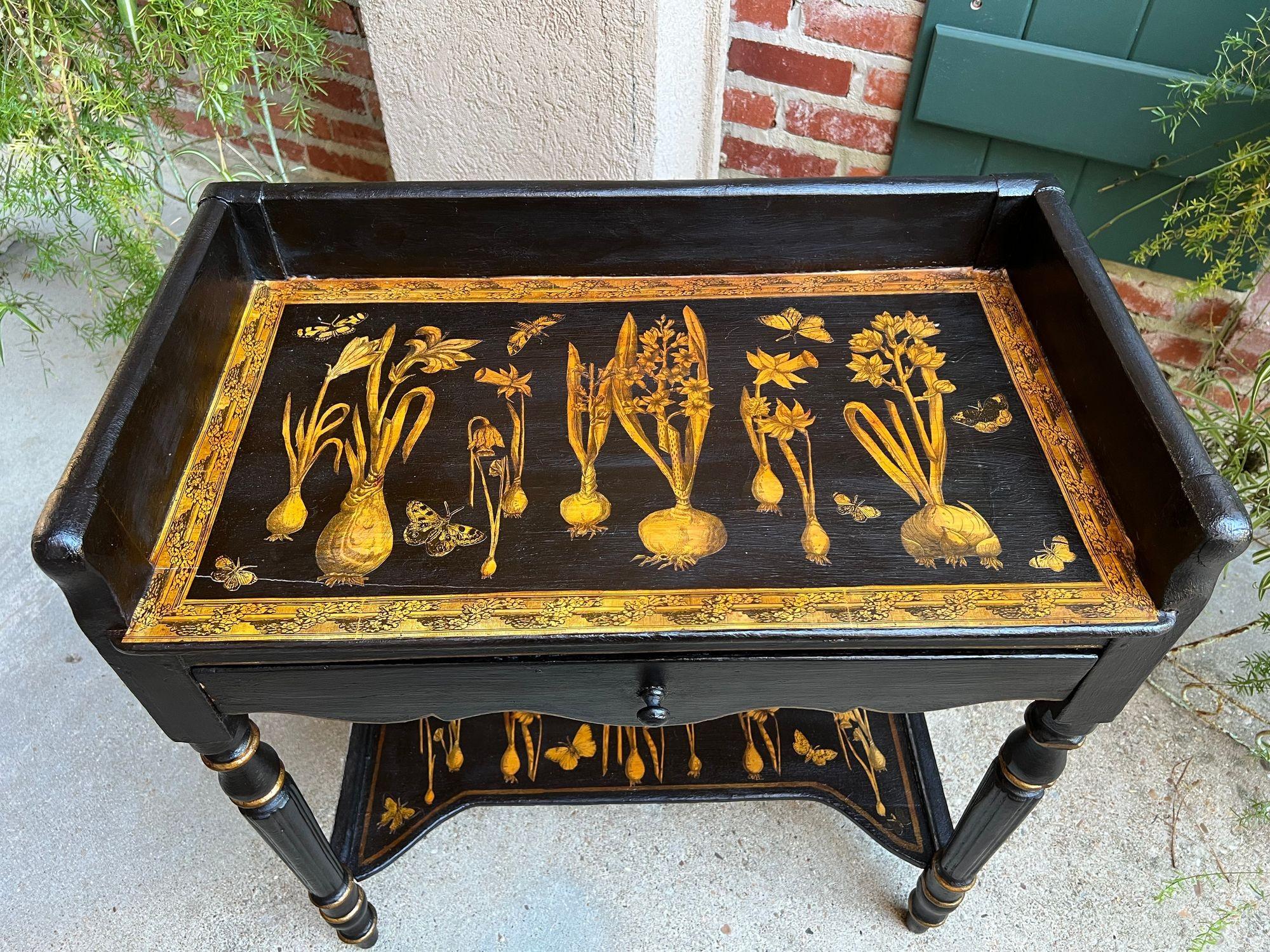 Découpage Antique English Sofa Side Table Decoupage Botanical Floral Black Gold c1890 For Sale