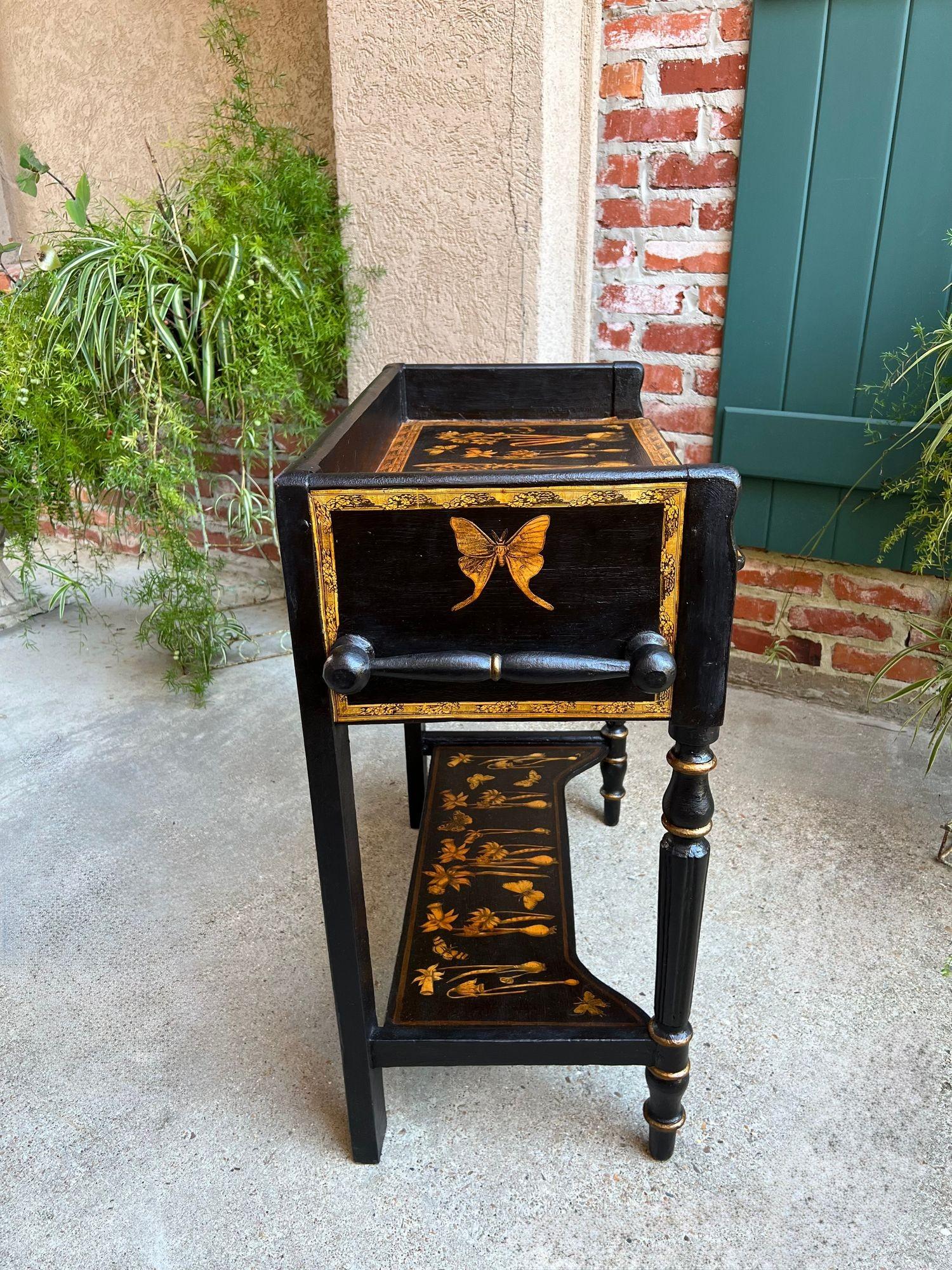 Antique English Sofa Side Table Decoupage Botanical Floral Black Gold c1890 In Good Condition For Sale In Shreveport, LA