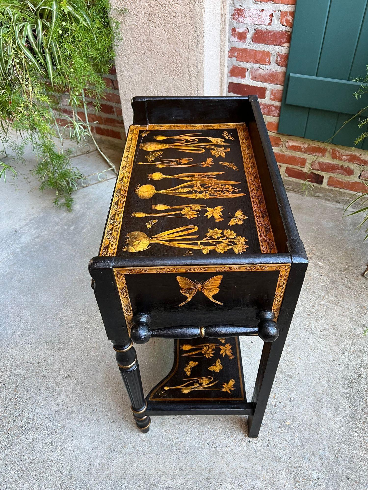 19th Century Antique English Sofa Side Table Decoupage Botanical Floral Black Gold c1890 For Sale