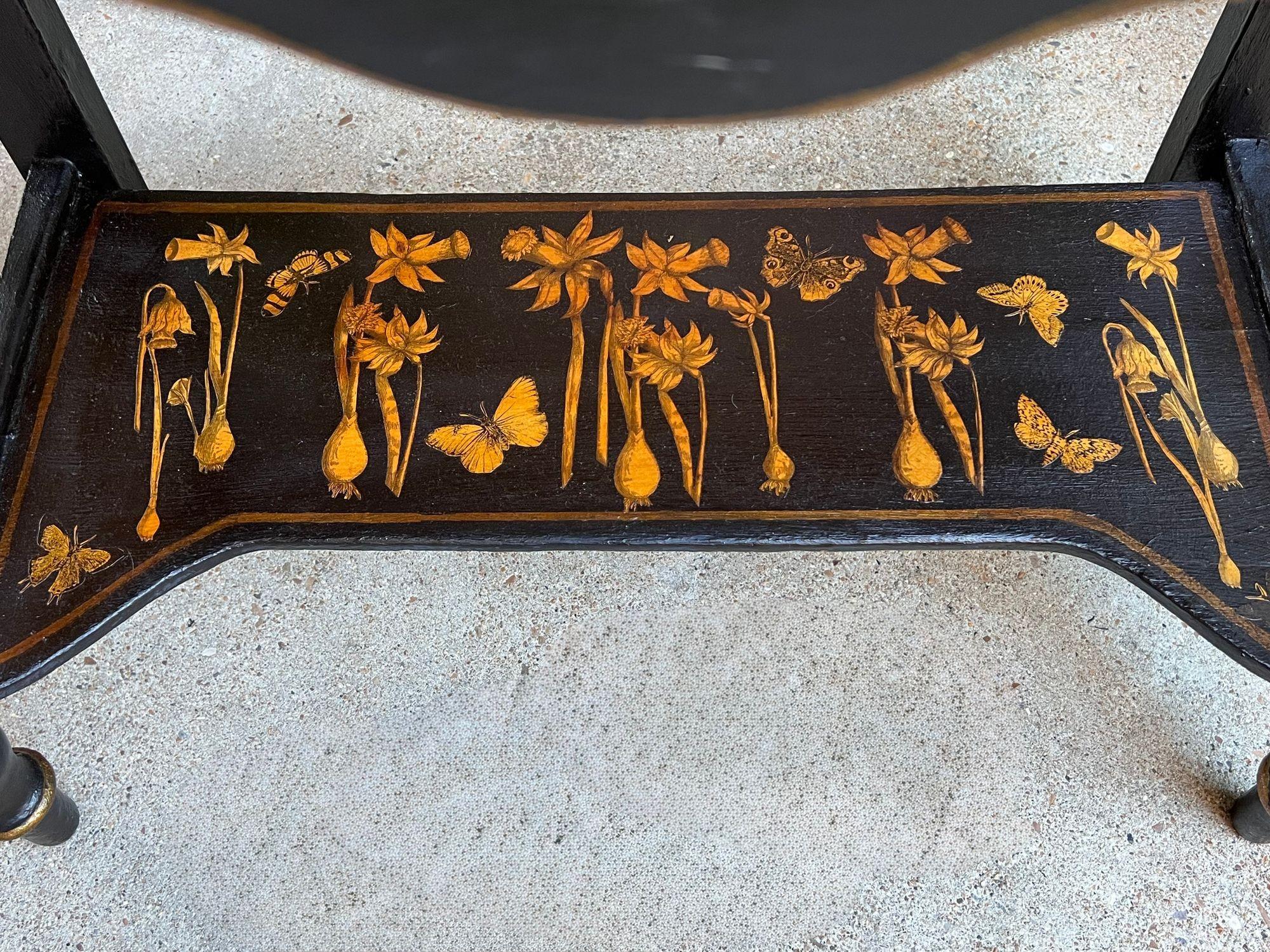 Wood Antique English Sofa Side Table Decoupage Botanical Floral Black Gold c1890 For Sale