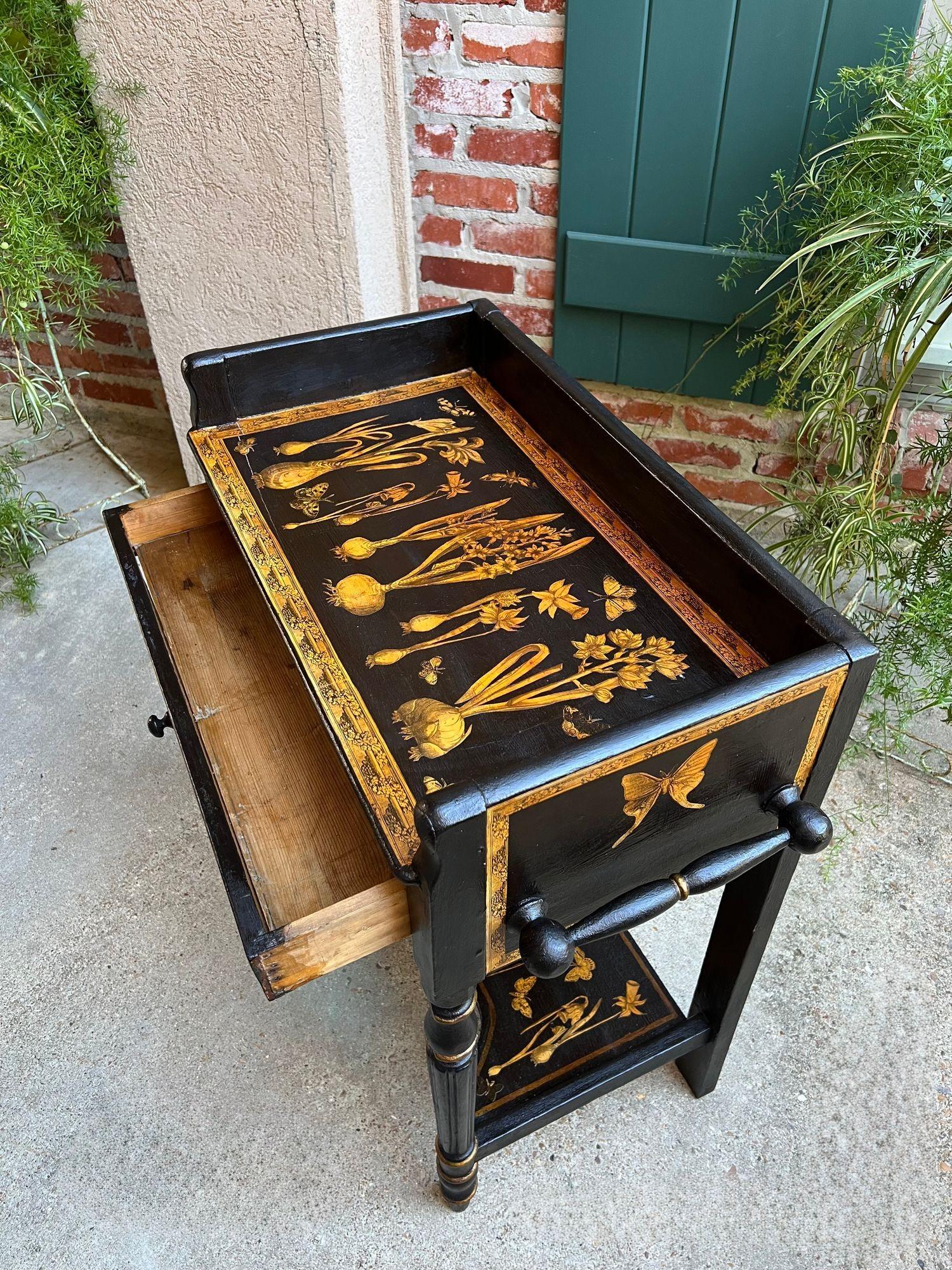 Antique English Sofa Side Table Decoupage Botanical Floral Black Gold c1890 For Sale 1