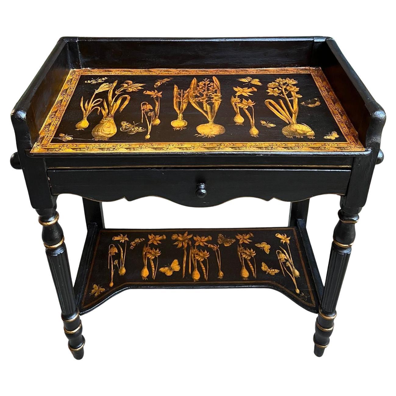 Antique English Sofa Side Table Decoupage Botanical Floral Black Gold c1890 For Sale