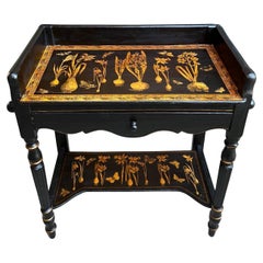 Antique English Sofa Side Table Decoupage Botanical Floral Black Gold c1890