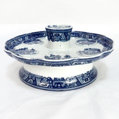 Antique English Soft Paste / Creamware Blue Willow Pot de Creme Pedestal Stand