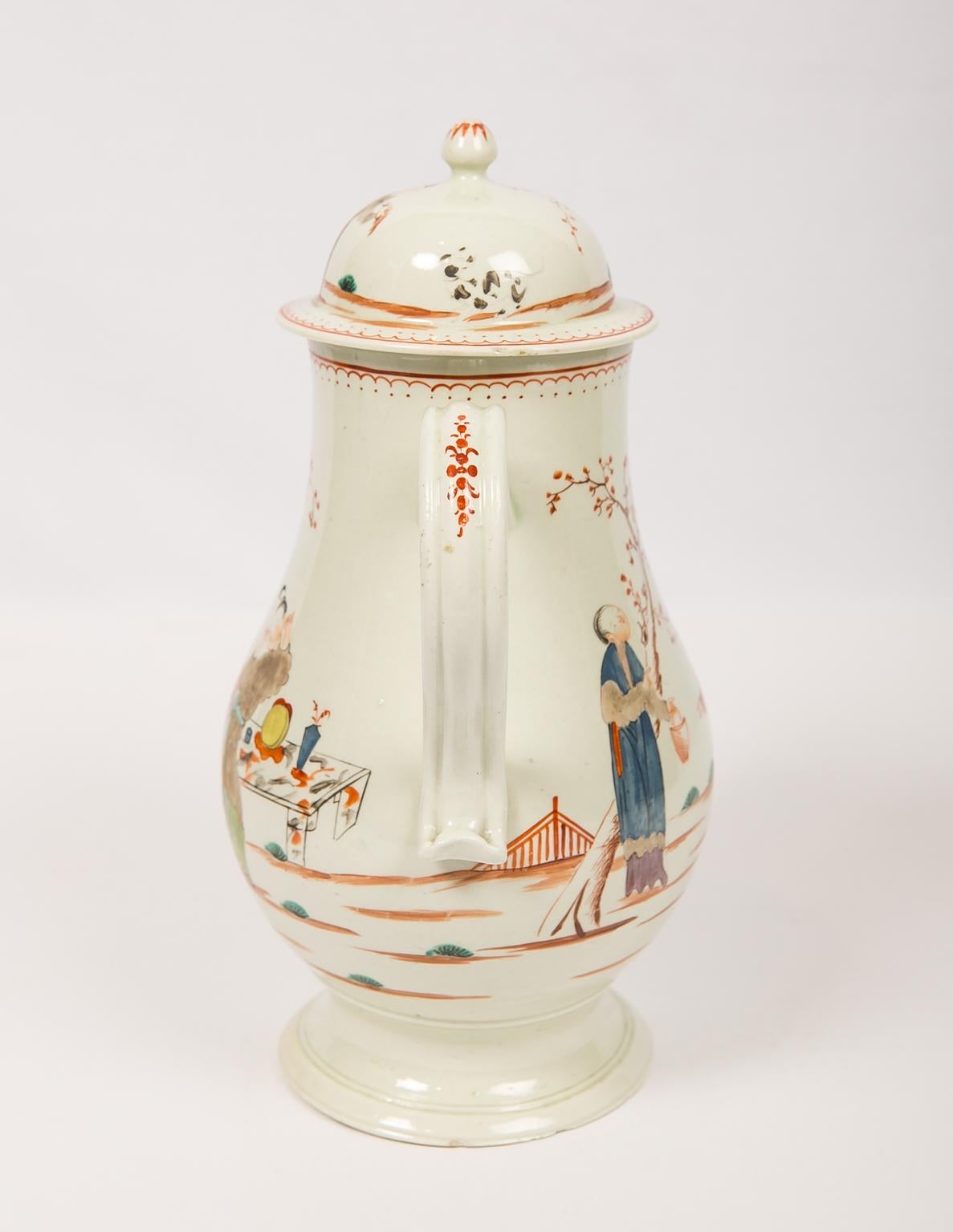 Chinoiserie  18th Century English Porcelain Coffee Pot Hand-Painted Liverpool  Circa 1785