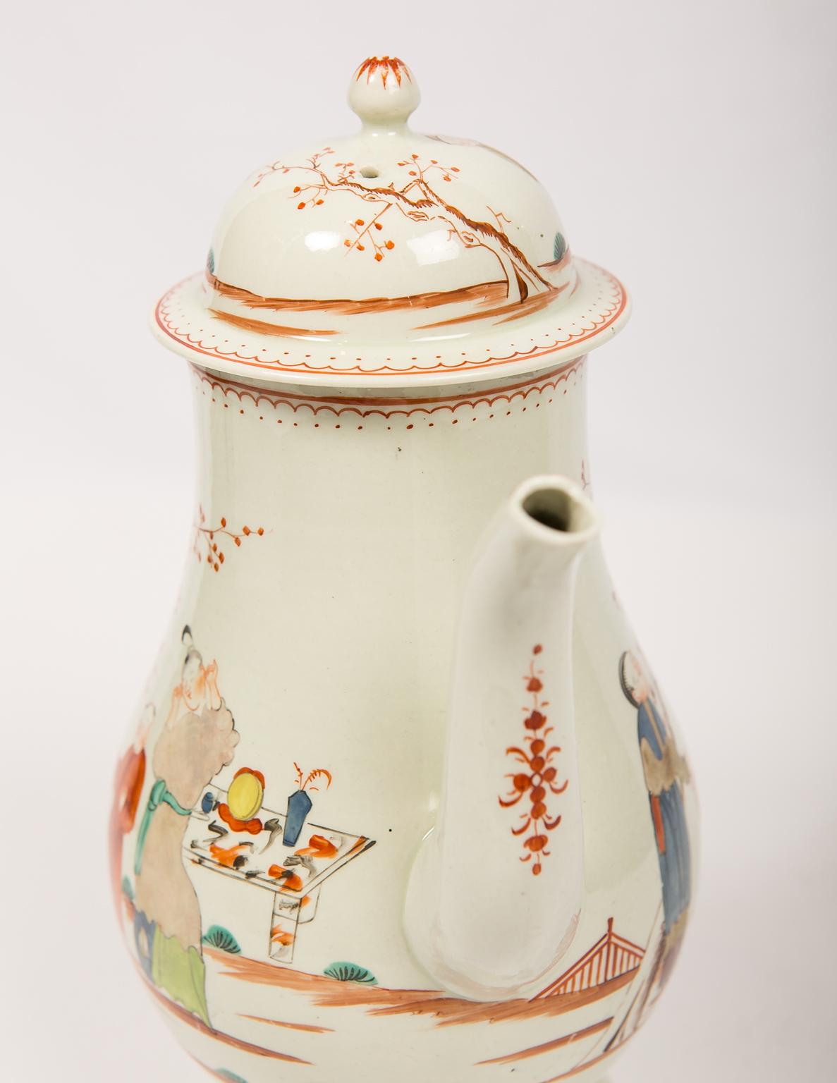 Enameled  18th Century English Porcelain Coffee Pot Hand-Painted Liverpool  Circa 1785